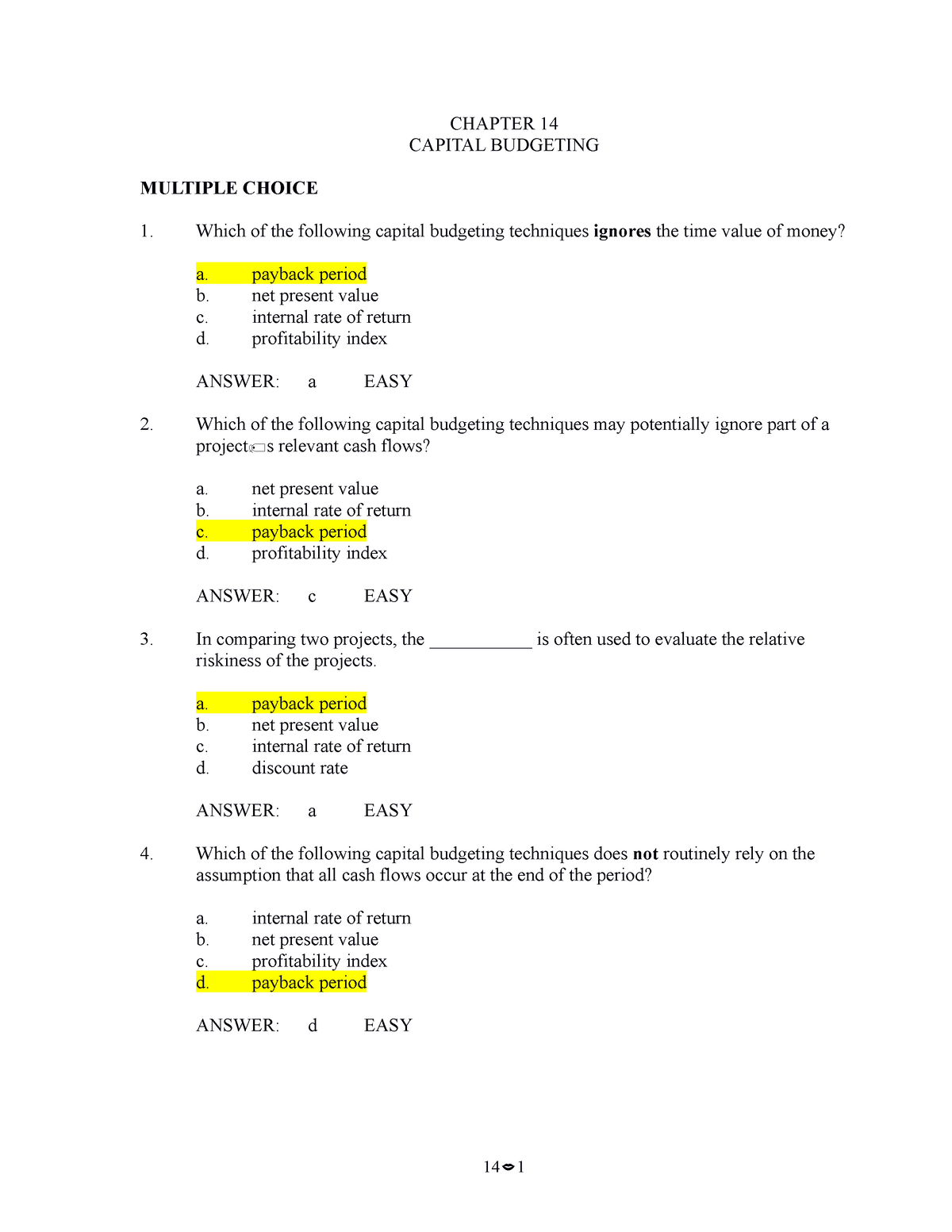 Capital-Budgeting - Test Paper With Answer - CHAPTER 14 CAPITAL ...