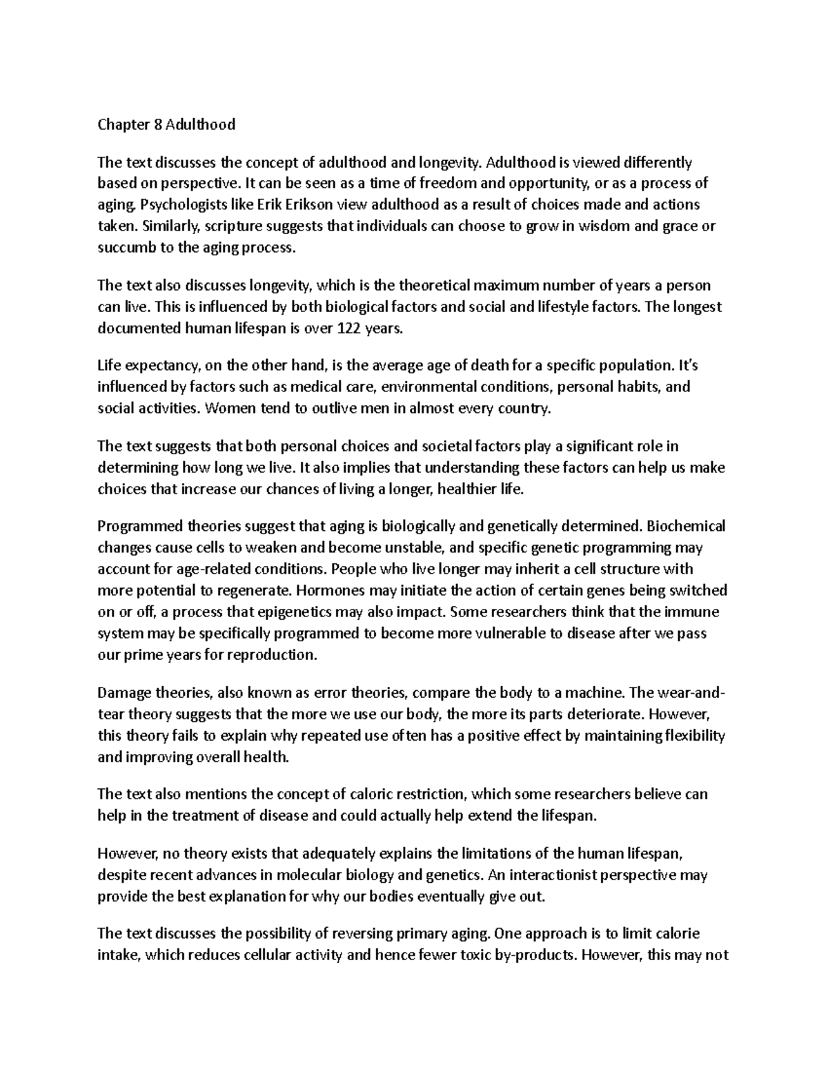 Psych 210 Chapter 8 notes - Chapter 8 Adulthood The text discusses the ...