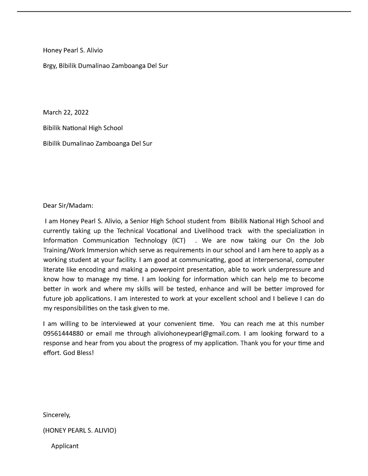 application letter for work immersion css