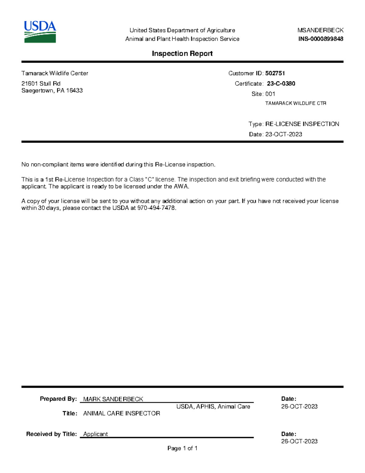 Aphis inspection ins 0000899848 - United States Department of ...