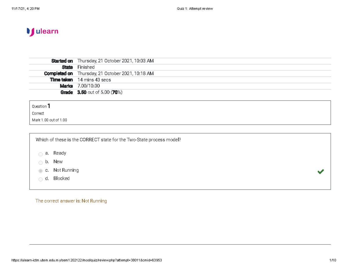 Quiz 1 R Started On Thursday 21 October 2021 10 03 Am State Finished Completed On Thursday 21 Studocu