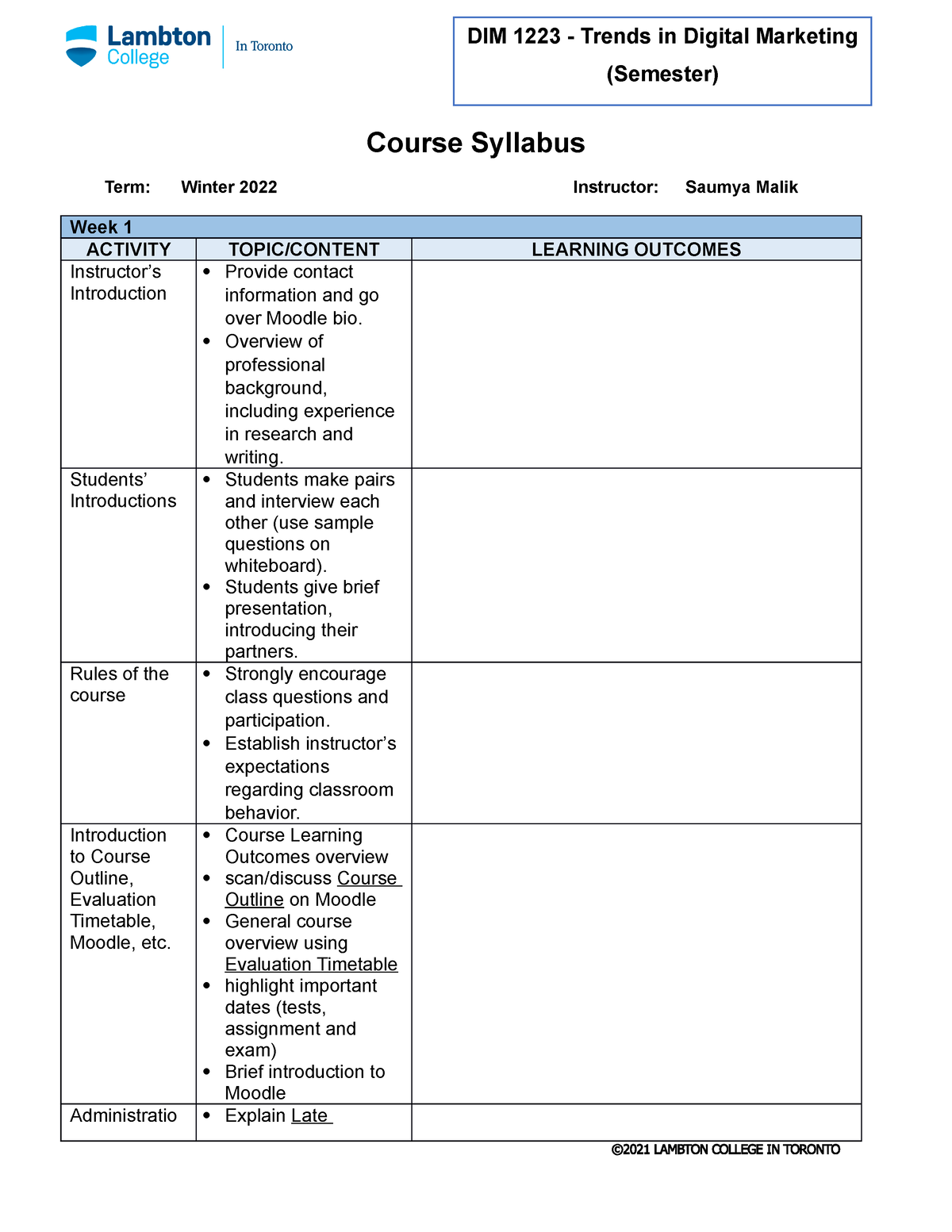 DIM 1223 2 W22- Course Syllabus - Course Syllabus Term: Winter 2022