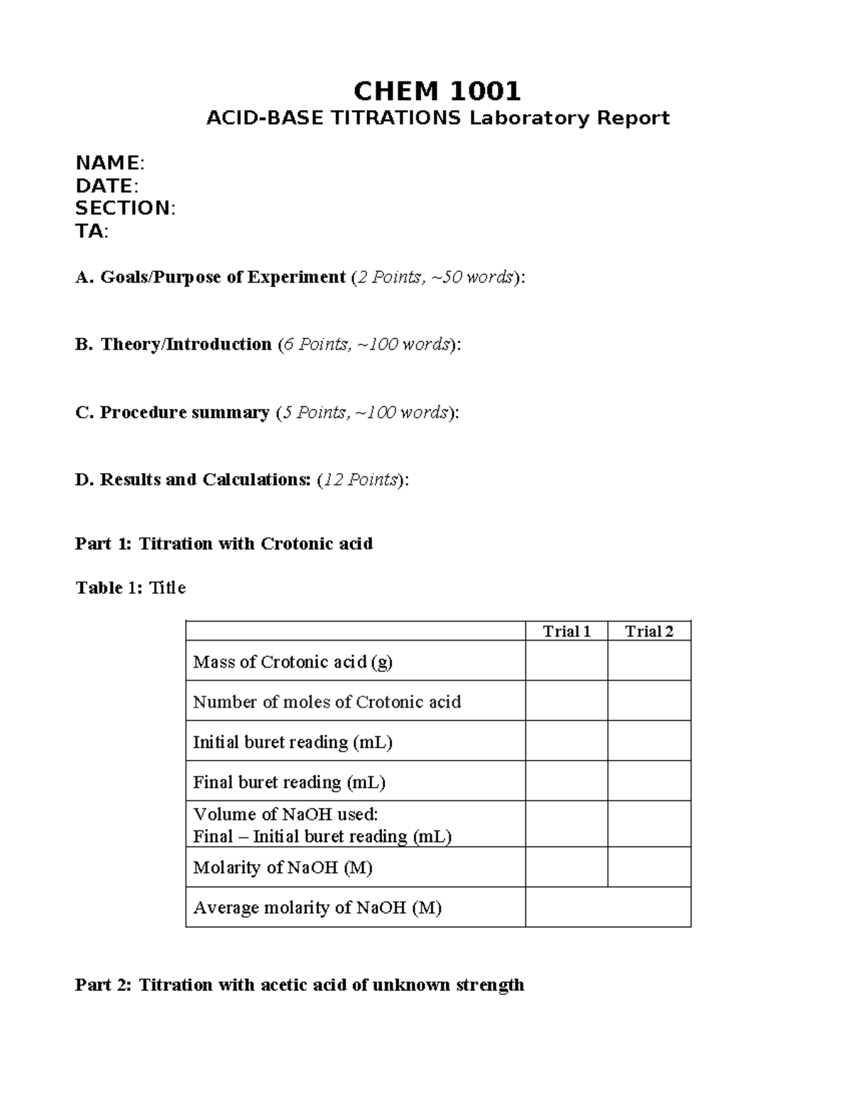 Acidbase titrations Lab Report Template CHEM 1001 ACIDBASE