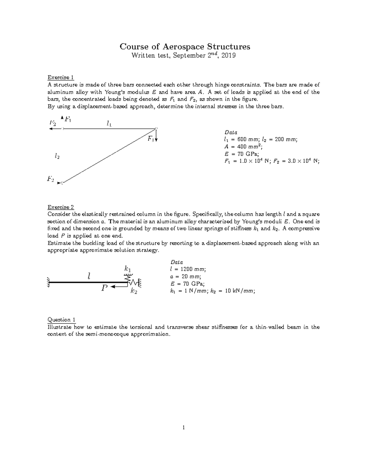 Esame Settembre 2019 - Course of Aerospace Structures Written test ...