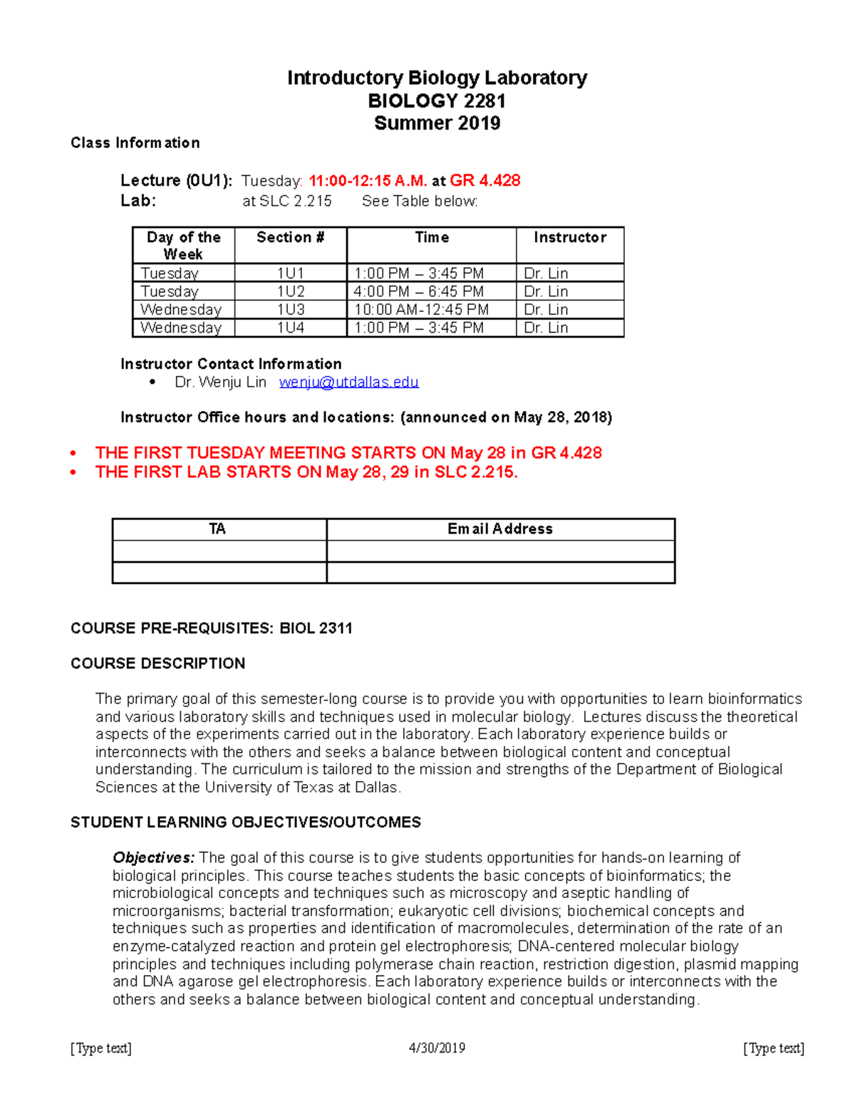 Syllabus BIOL2281 Summer 2019-April 30(3) - Introductory Biology ...