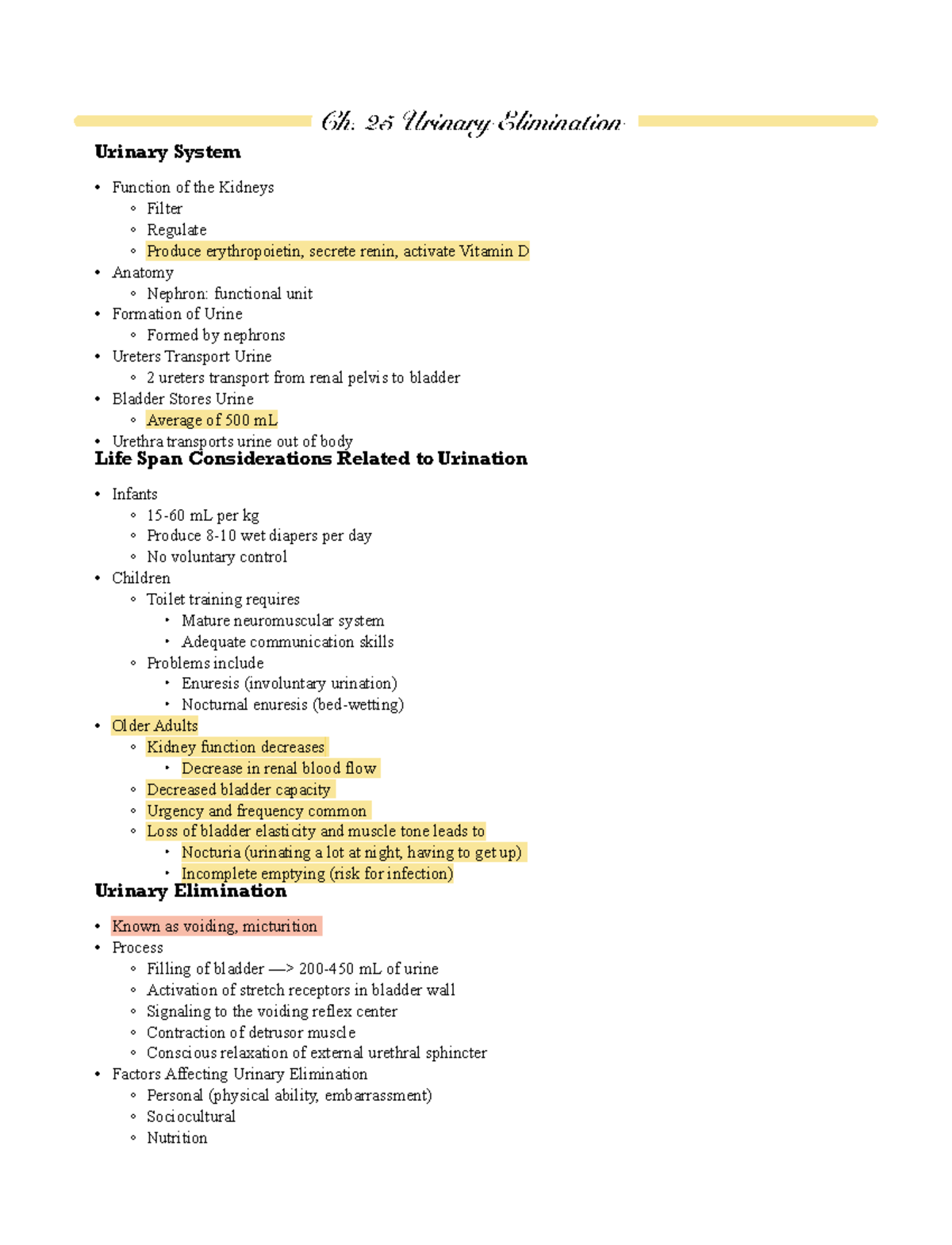 Module 8 Ch. 25, MS Ch. 60 & 61 - Ch. 25 Urinary Elimination Urinary ...