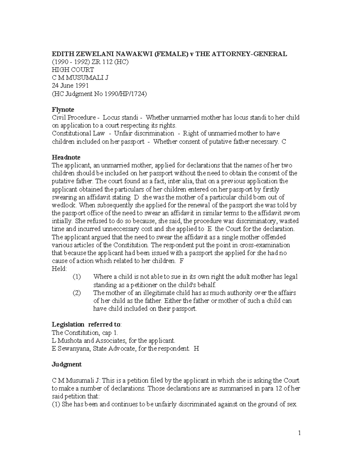 Edith Nawaki v. Attorney General - EDITH ZEWELANI NAWAKWI (FEMALE) v ...