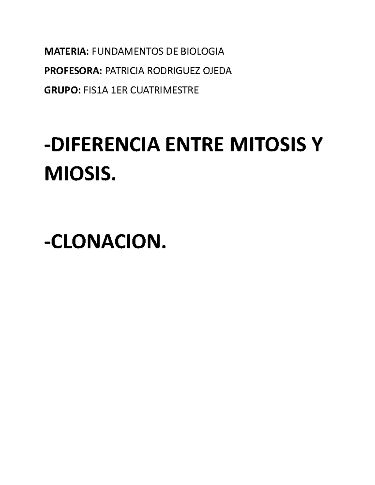Diferencia Entre Mitosis Y Meiosis y clonacion MATERIA FUNDAMENTOS