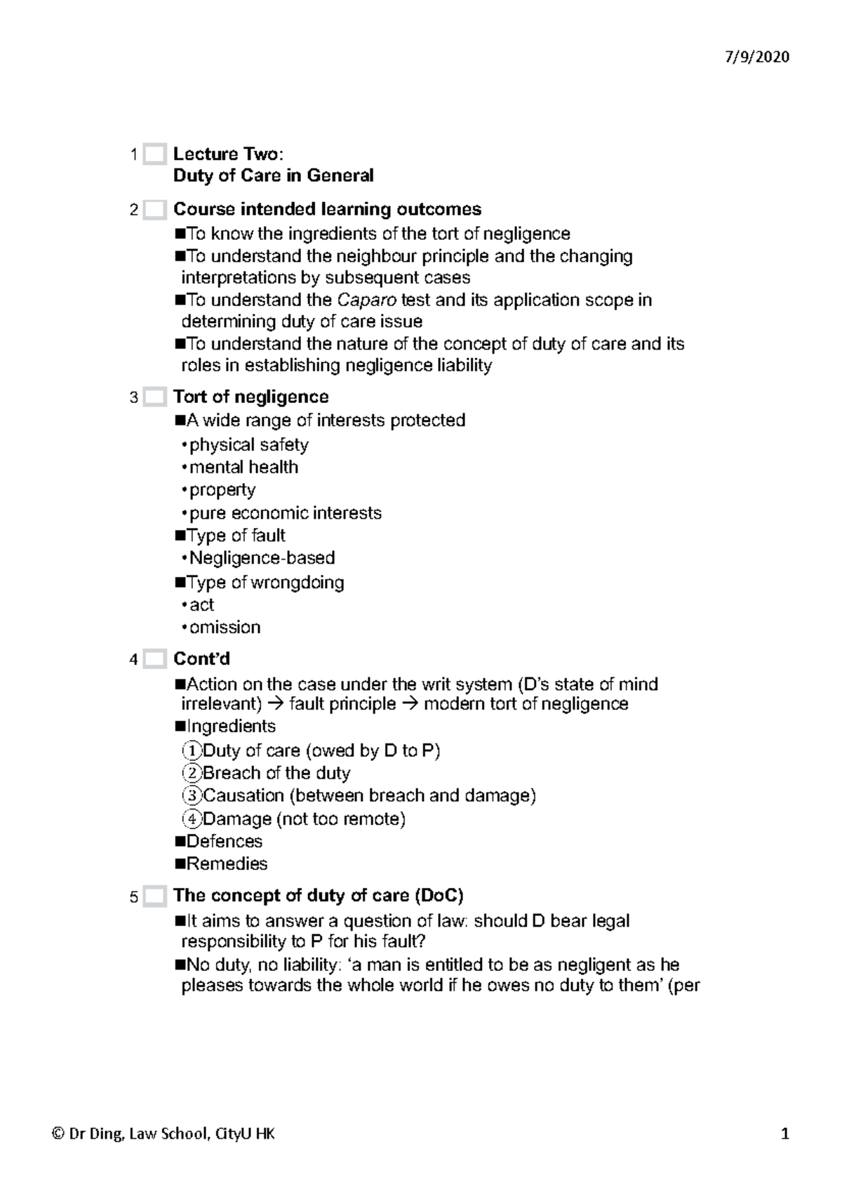 law of tort lecture 2 notes - Lecture Two: Duty of Care in General ...
