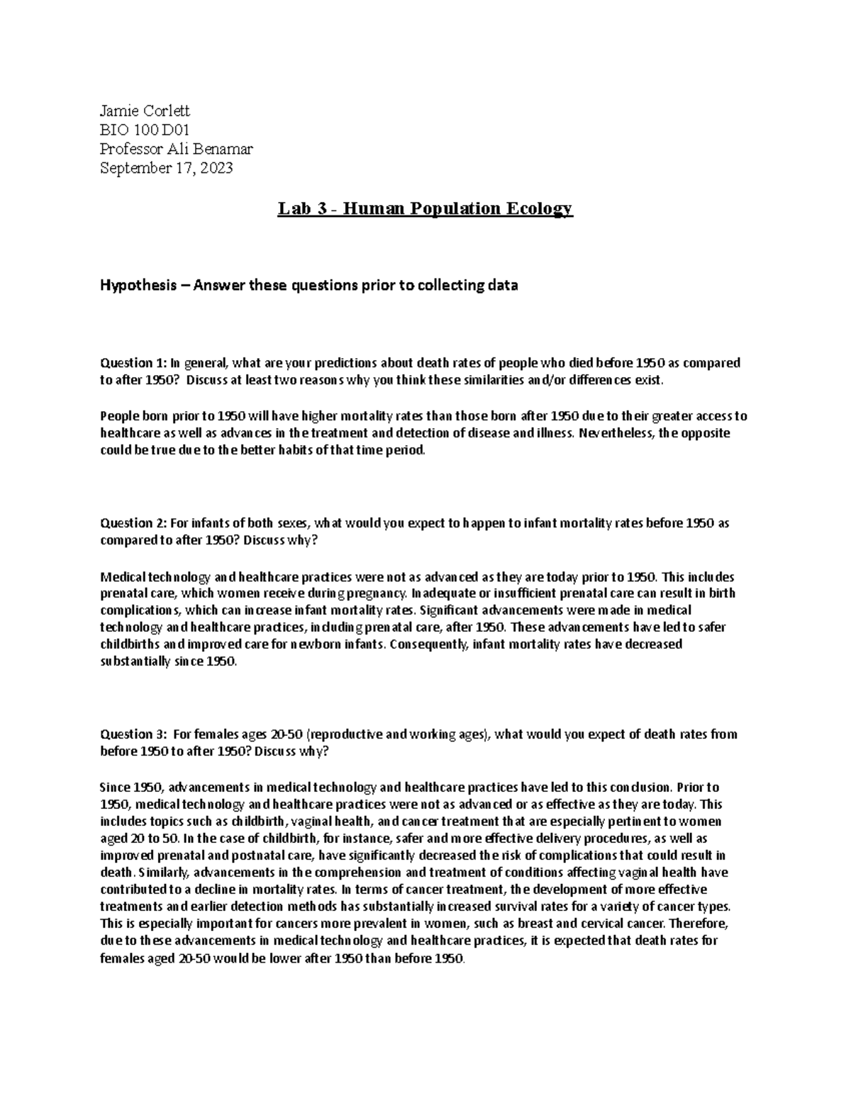 Lab 3 Population Biology - Jamie Corlett BIO 100 D Professor Ali ...