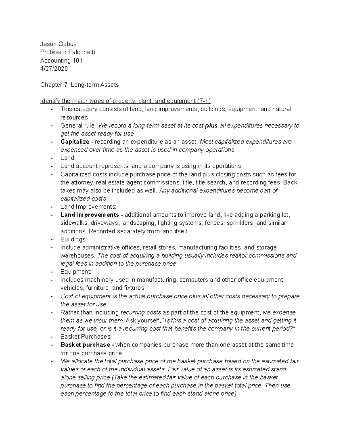 ACC 101 Chapter 7 - Long-term Assets - Jason Ogbue Professor Falconetti ...