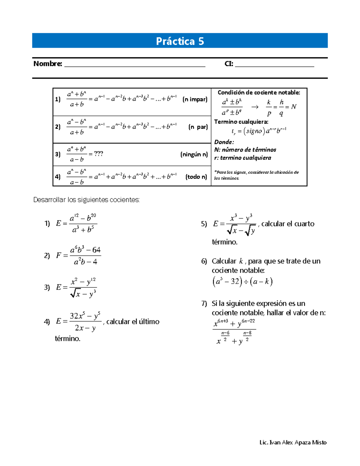 P5 2021-1 - Ejercicios de algebra - Lic. Ivan Alex Apaza Misto Práctica ...