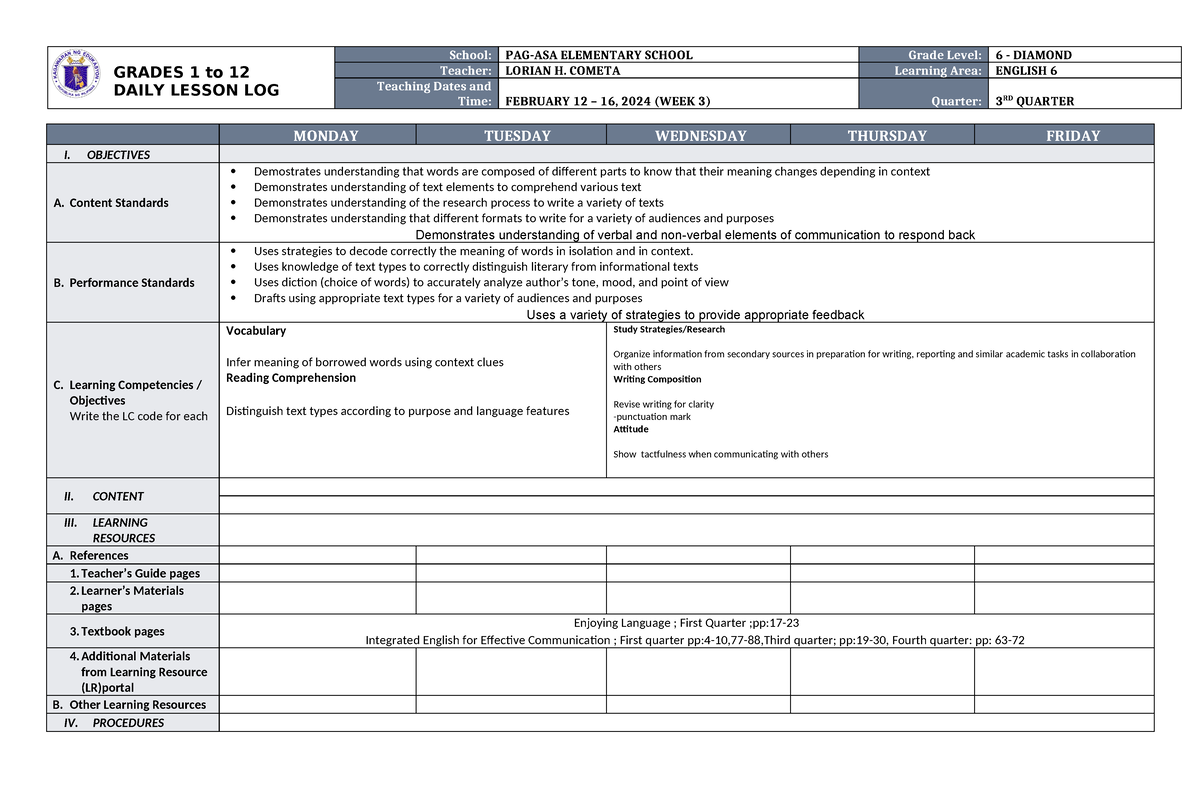 DLL Enlgish 6 Q3 W3 - LESSON GUIDE - GRADES 1 to 12 DAILY LESSON LOG ...