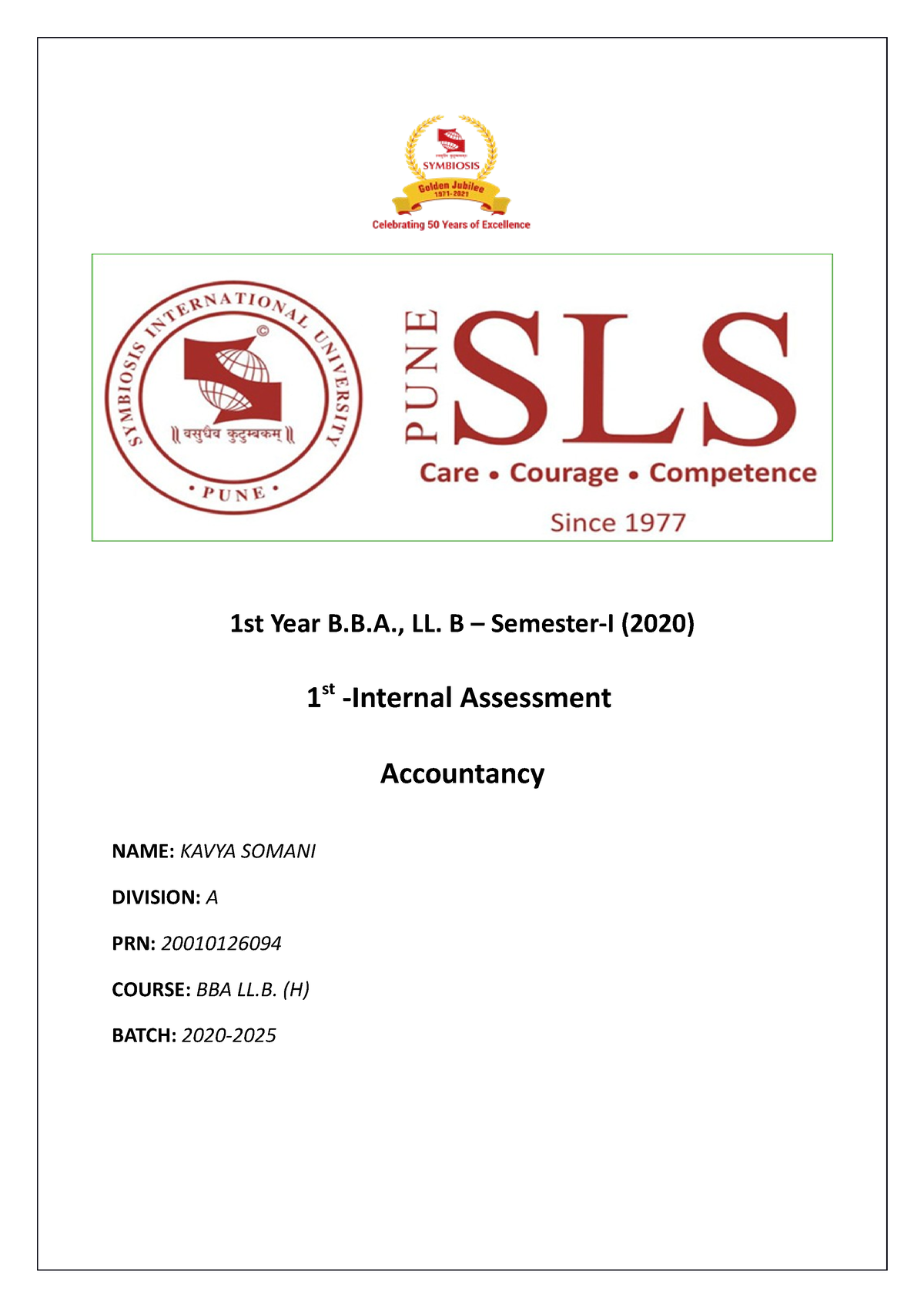 Accounts Internal - 1st Year B.B., LL. B – Semester-I (2020) 1 St ...