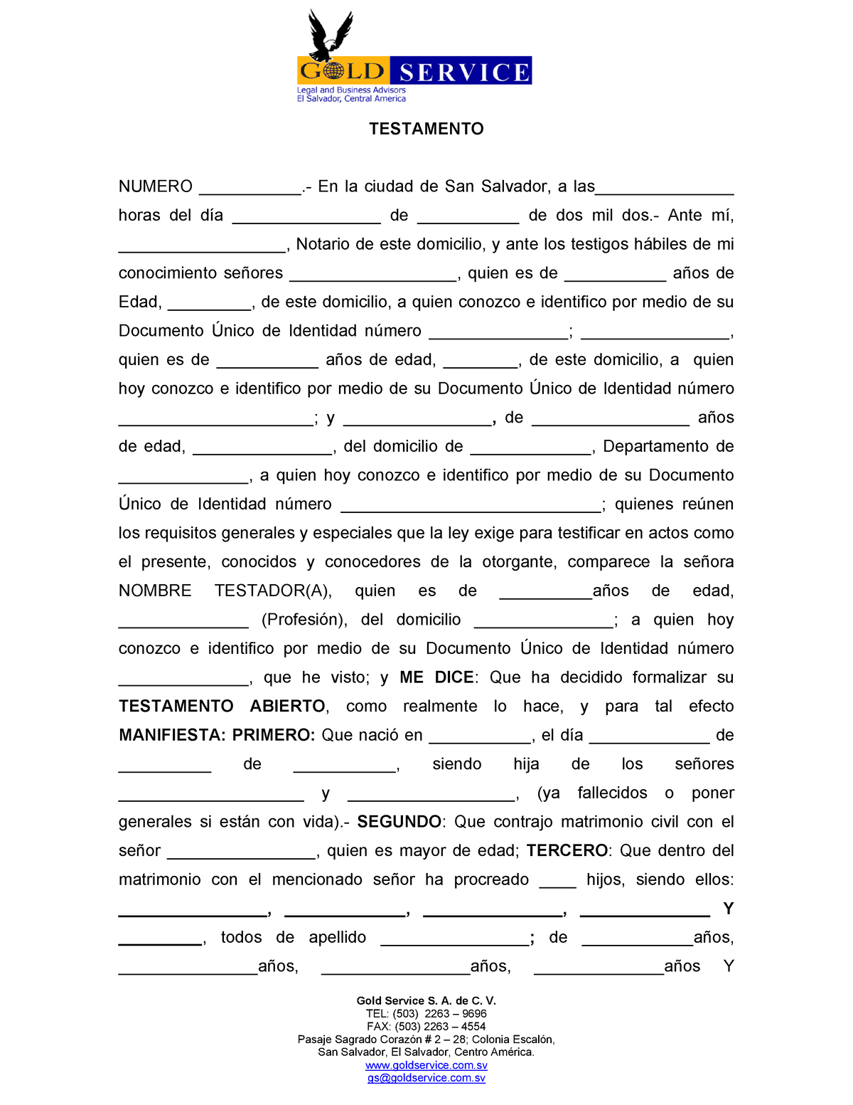 Testamento Abierto. Tipos de testamento - Gold Service S. A. de C. V. TEL:  (503) 2263 – 9696 Pasaje - Studocu