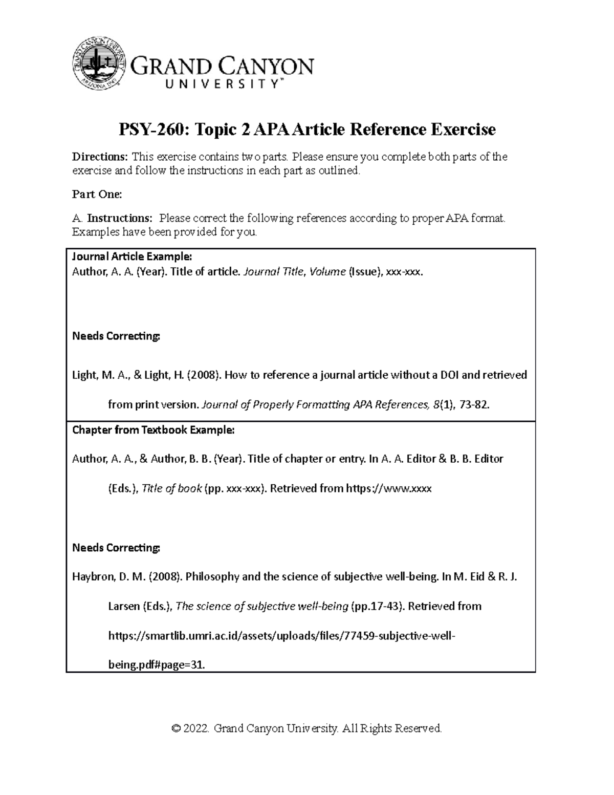 PSY 260 APA Exercise - practicing how to use APA format and proeprly ...