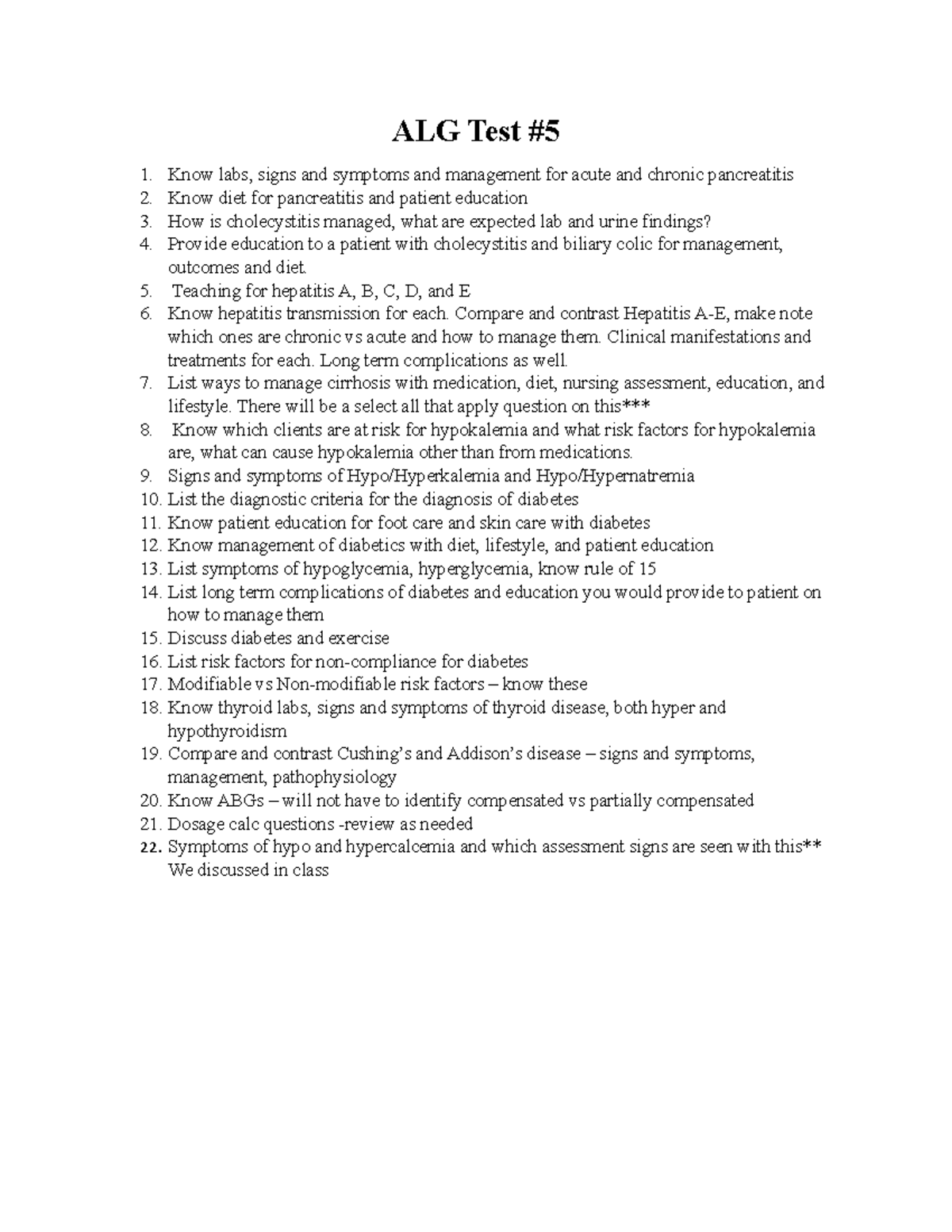 ALG Test #5 2 - None - ALG Test Know labs, signs and symptoms and ...