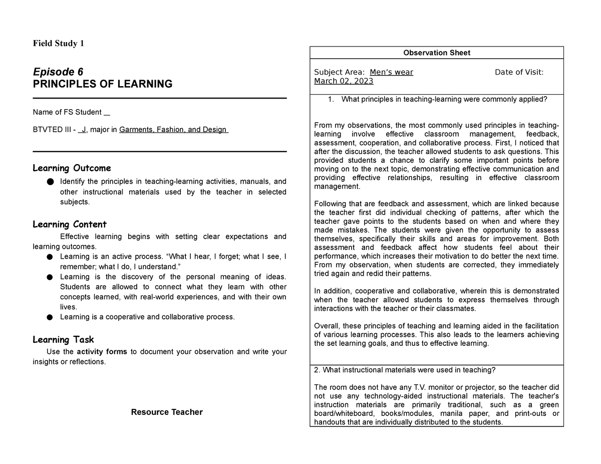 FS 1 Episode 6 - FIELD STUDY 1 - Field Study 1 Episode 6 PRINCIPLES OF ...