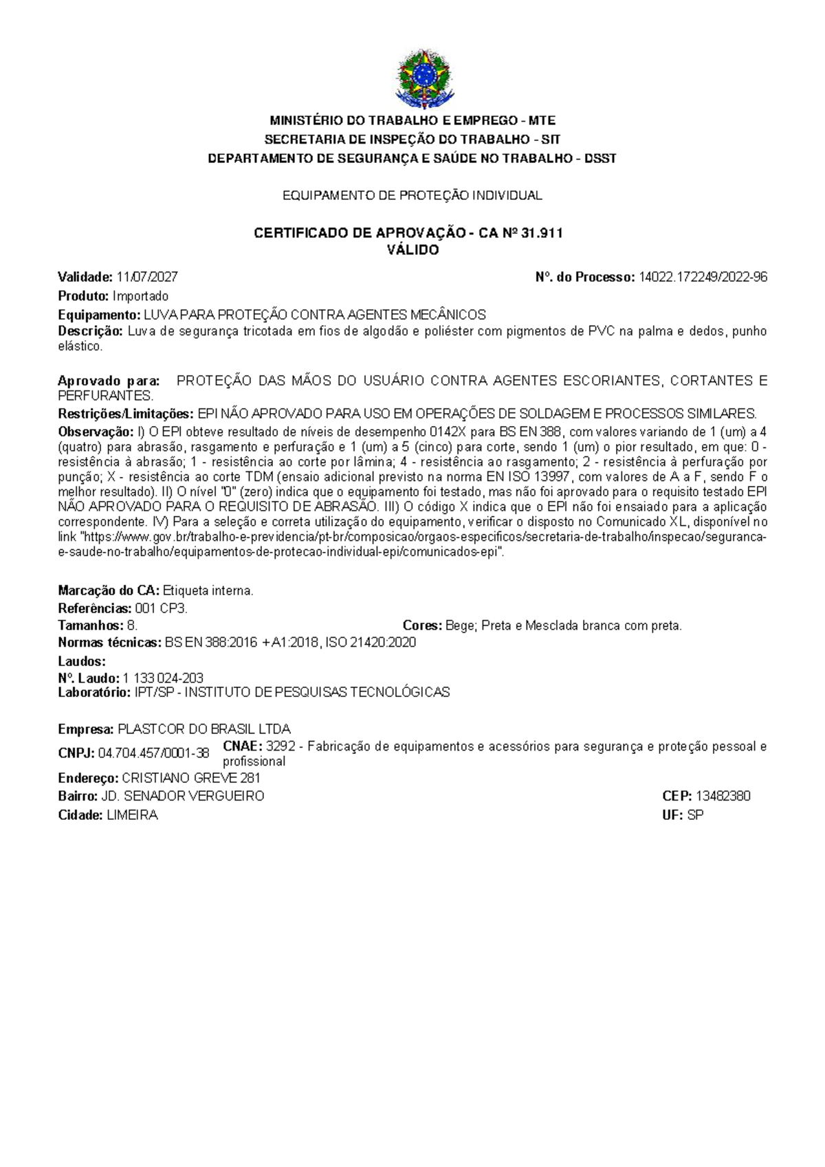 CA31911 - ccccc - CERTIFICADO DE APROVAÇÃO - CA Nº 31. VÁLIDO ...