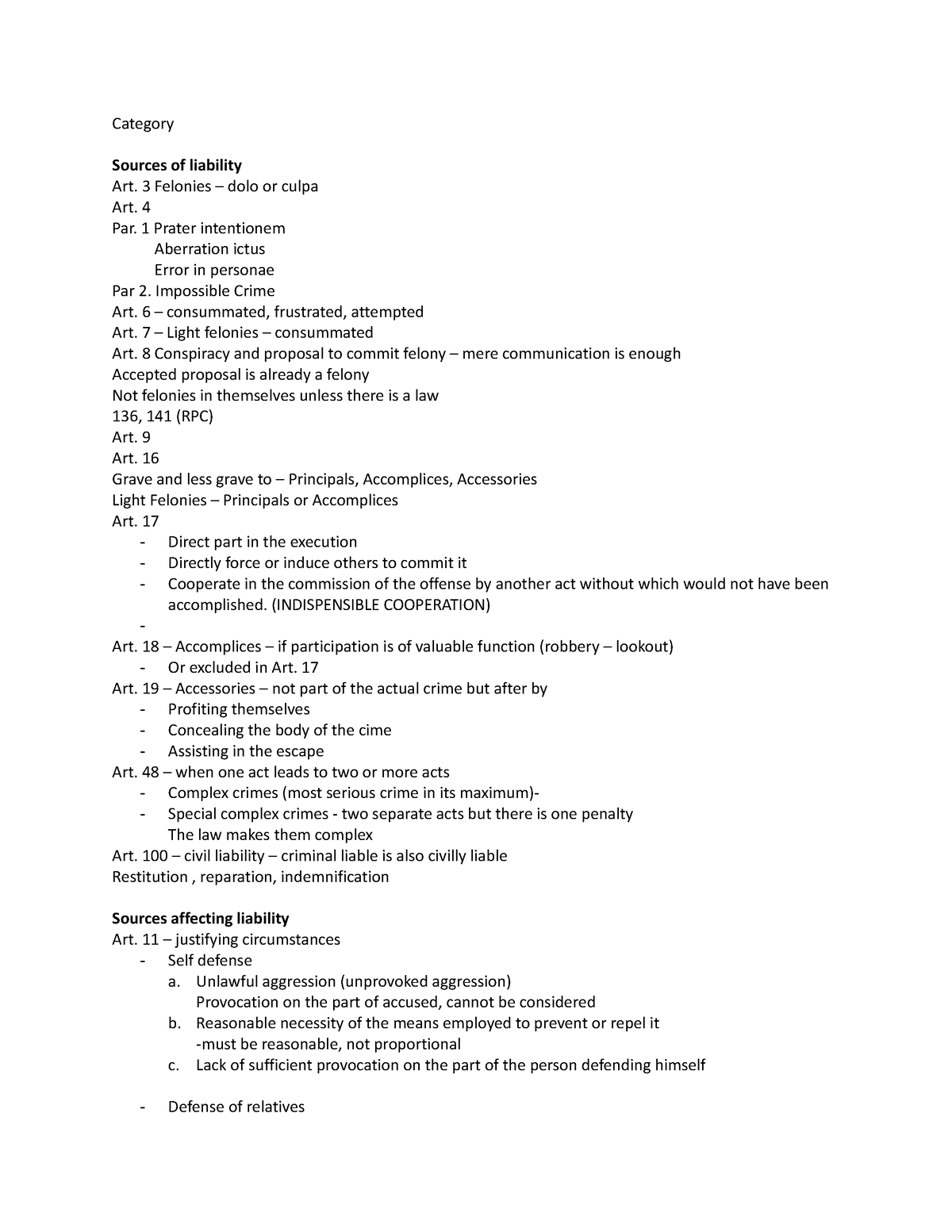 Criminal law notes atty te - Category Sources of liability Art. 3 ...