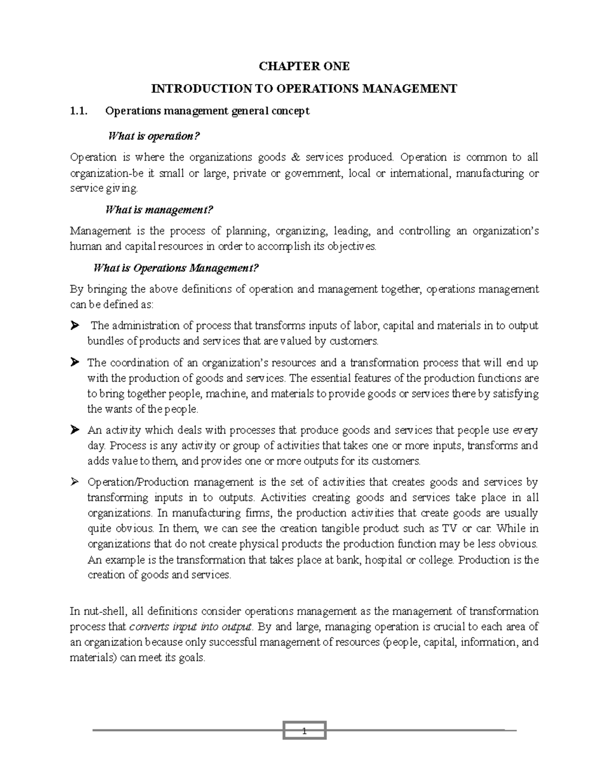 Chapter 1 OM Edited - Operation Management - CHAPTER ONE INTRODUCTION ...