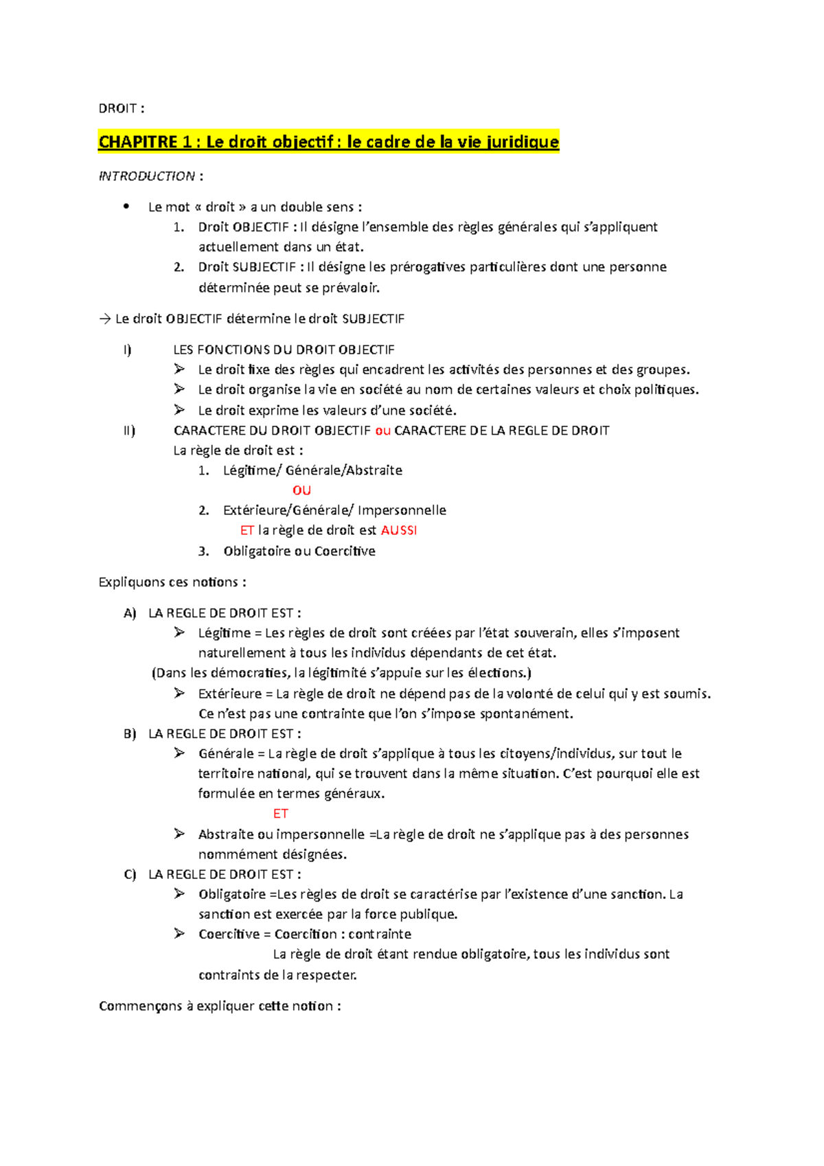 Droit Cours - Mme BERGER - DROIT : CHAPITRE 1 : Le Droit Objectif : Le ...