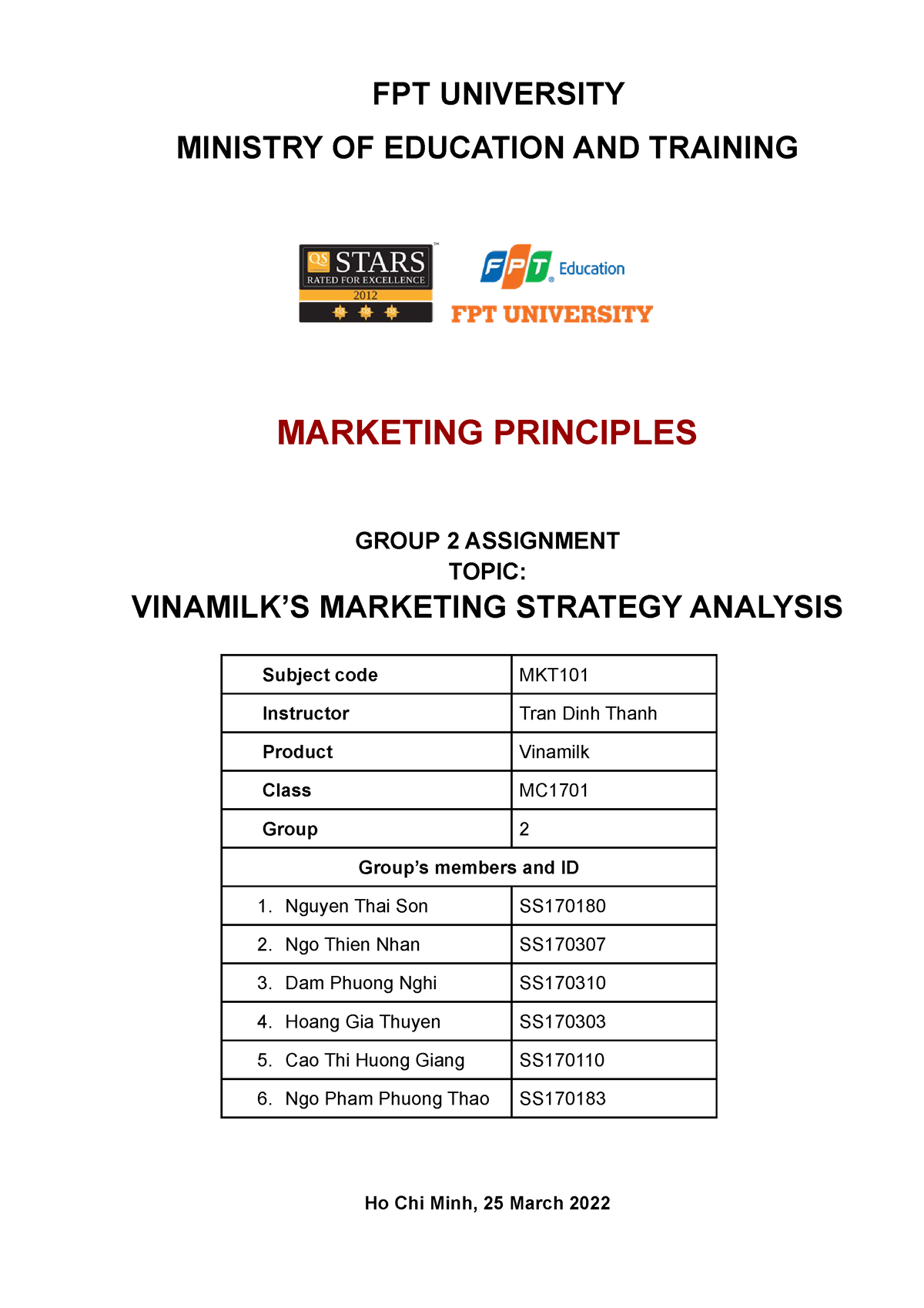 MKT101 - Group 2 - Vinamilk - Marketing Principles - FPT - Studocu