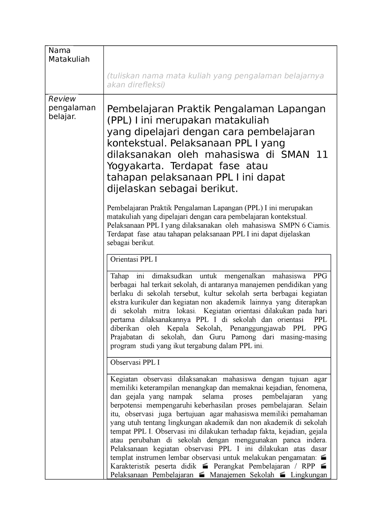 Jurnal Refleksi Ppl 1 Othr Nama Matakuliah Tuliskan Nama Mata