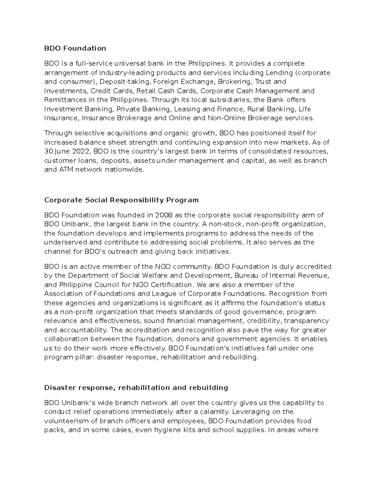 Activity NO. 2 AND QUIZ NO. 2- MINI Research - BDO Foundation BDO is a ...