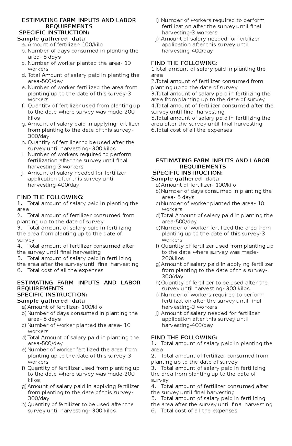 Estimating Farm Inputs And Labor Requirements Specific Instructions 