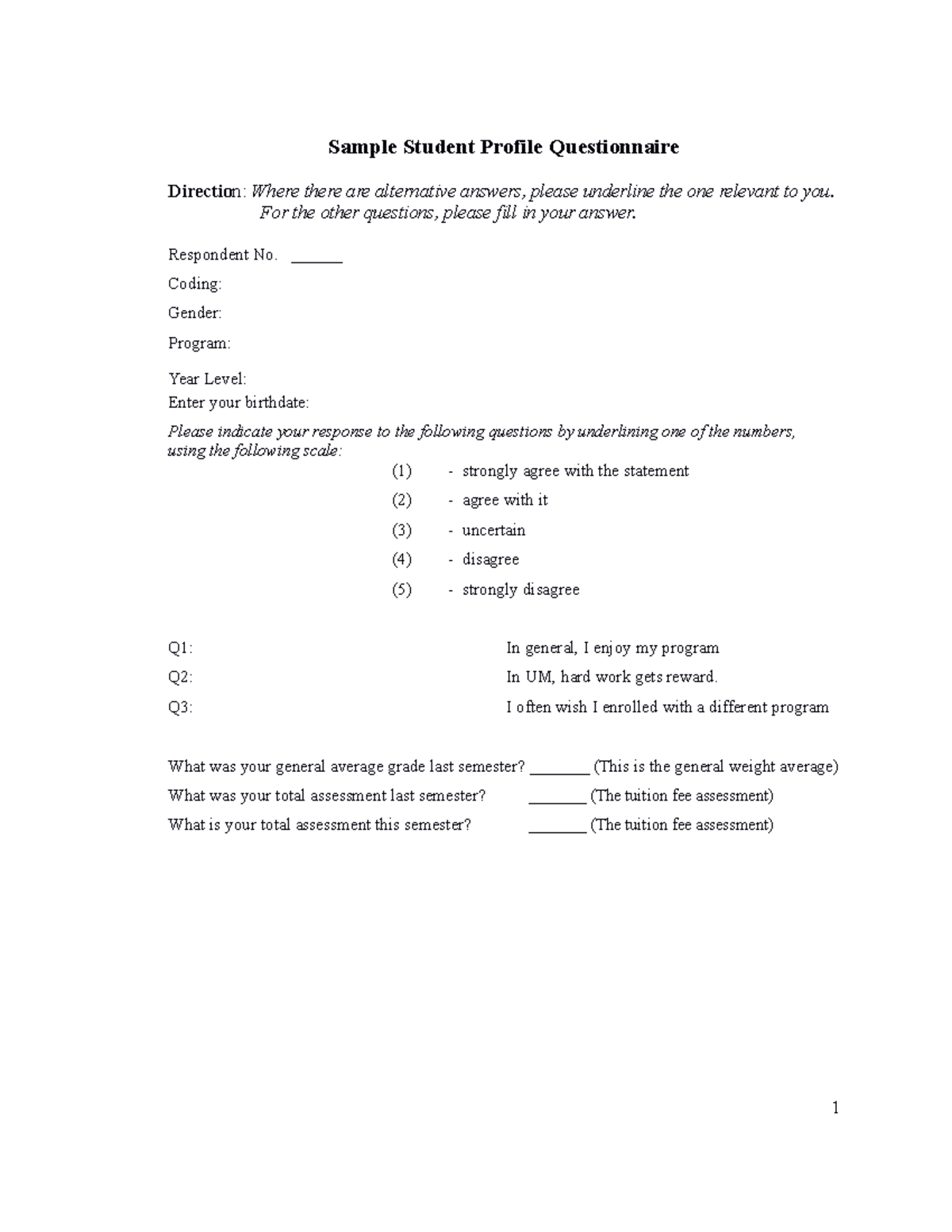 SPSS Lab Manual Sample Student Profile Questionnaire Direction Where