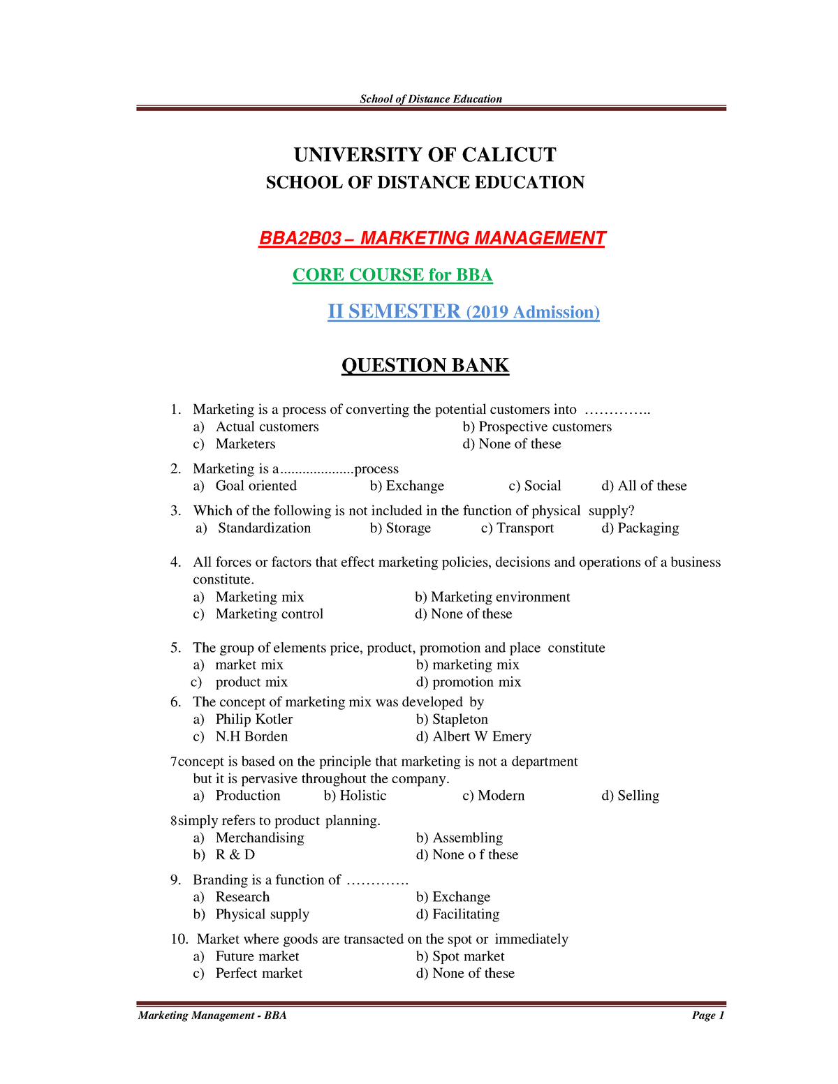 MCQ - II Sem. Marketing Management - BBA - UNIVERSITY OF CALICUT SCHOOL ...