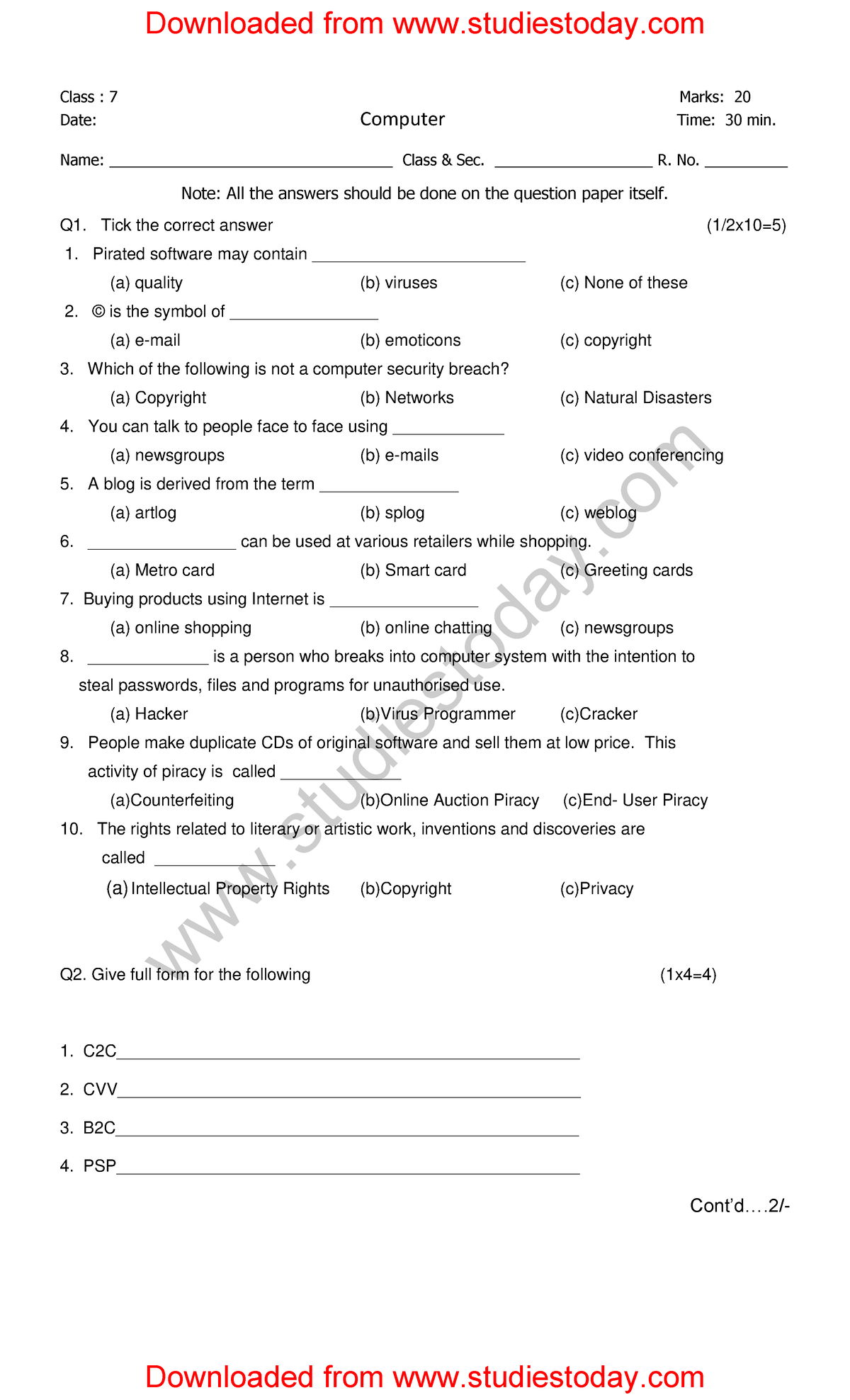 CBSE Class 7 Computer Science Sample Paper Set A - Computer science and ...