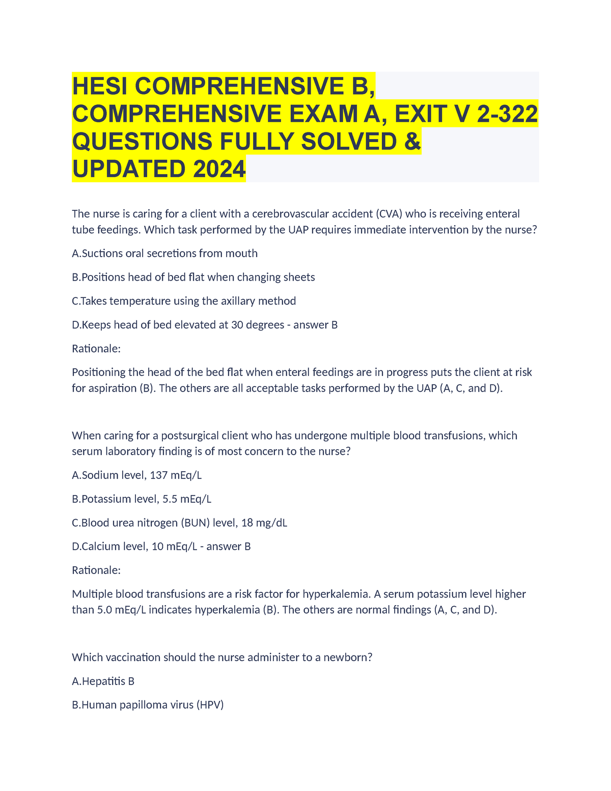 HESI Comprehensive B, Comprehensive EXAM A, EXIT V 2-322 Questions ...