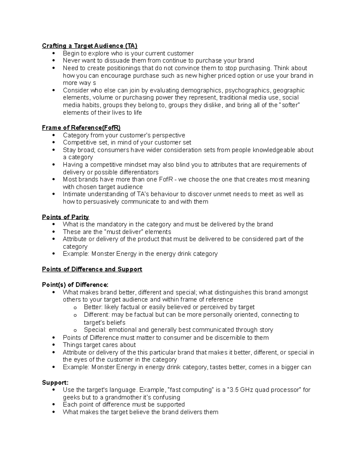 Points Of Parity - Notes Taken In Class - Crafting A Target Audience 