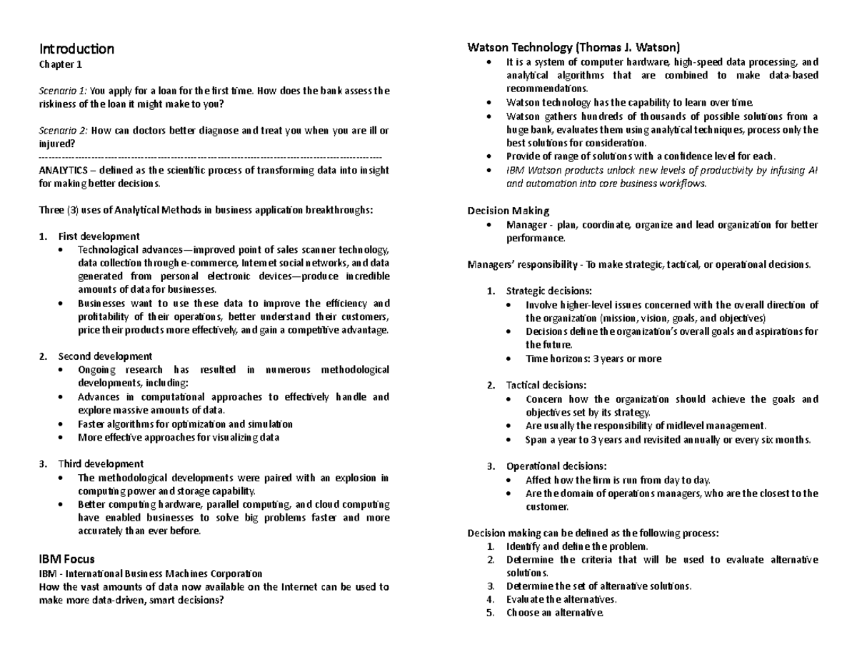 Chapter 1 Introduction To Business Analytics Introduction Chapter 1 Scenario 1 You Apply Chapter 1 Introduction To Business Analytics Introduction Chapter 1 Scenario 1 You Apply