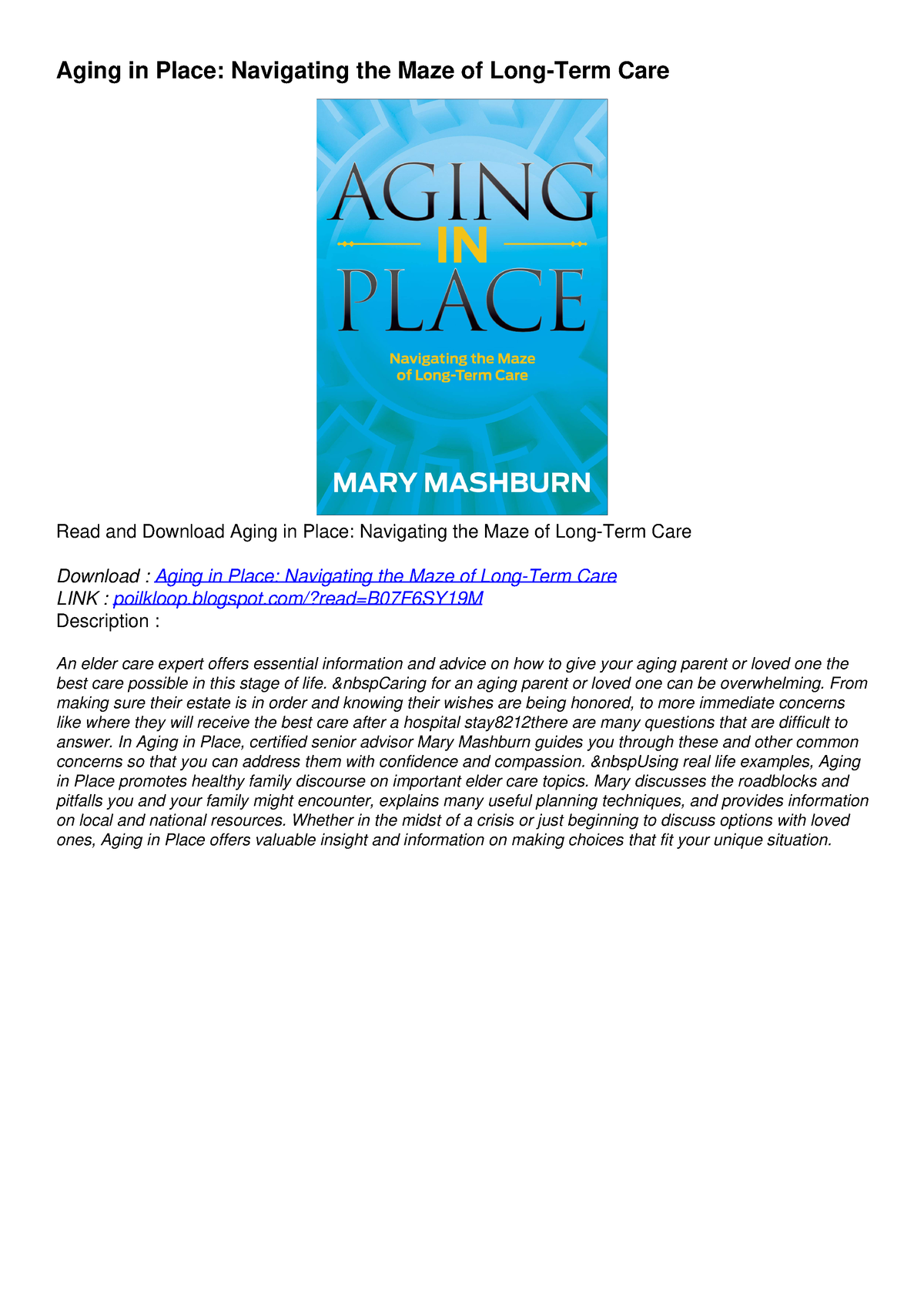 PDF DOWNLOAD FREE Aging In Place Navigating The Maze Of Long Term Care K Aging In Place