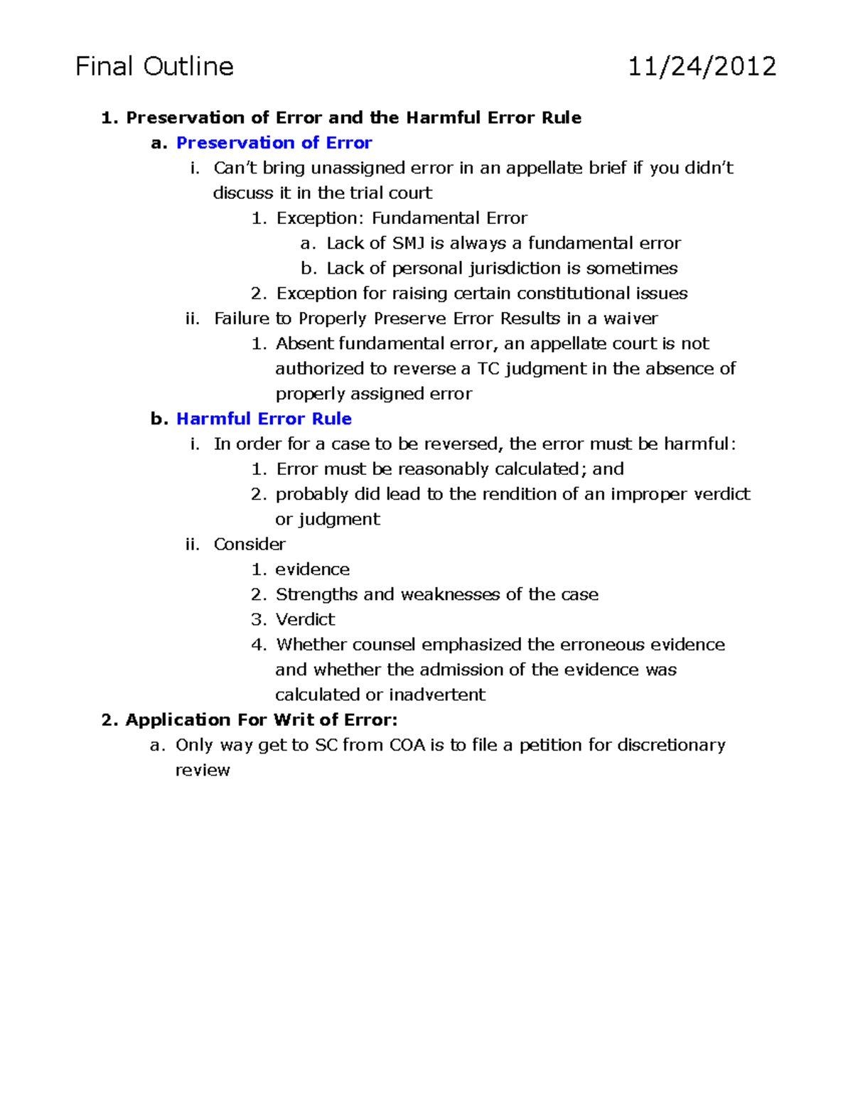 Tex Civ Pro Final Outline 1 - Final Outline 11/24/ Preservation Of ...