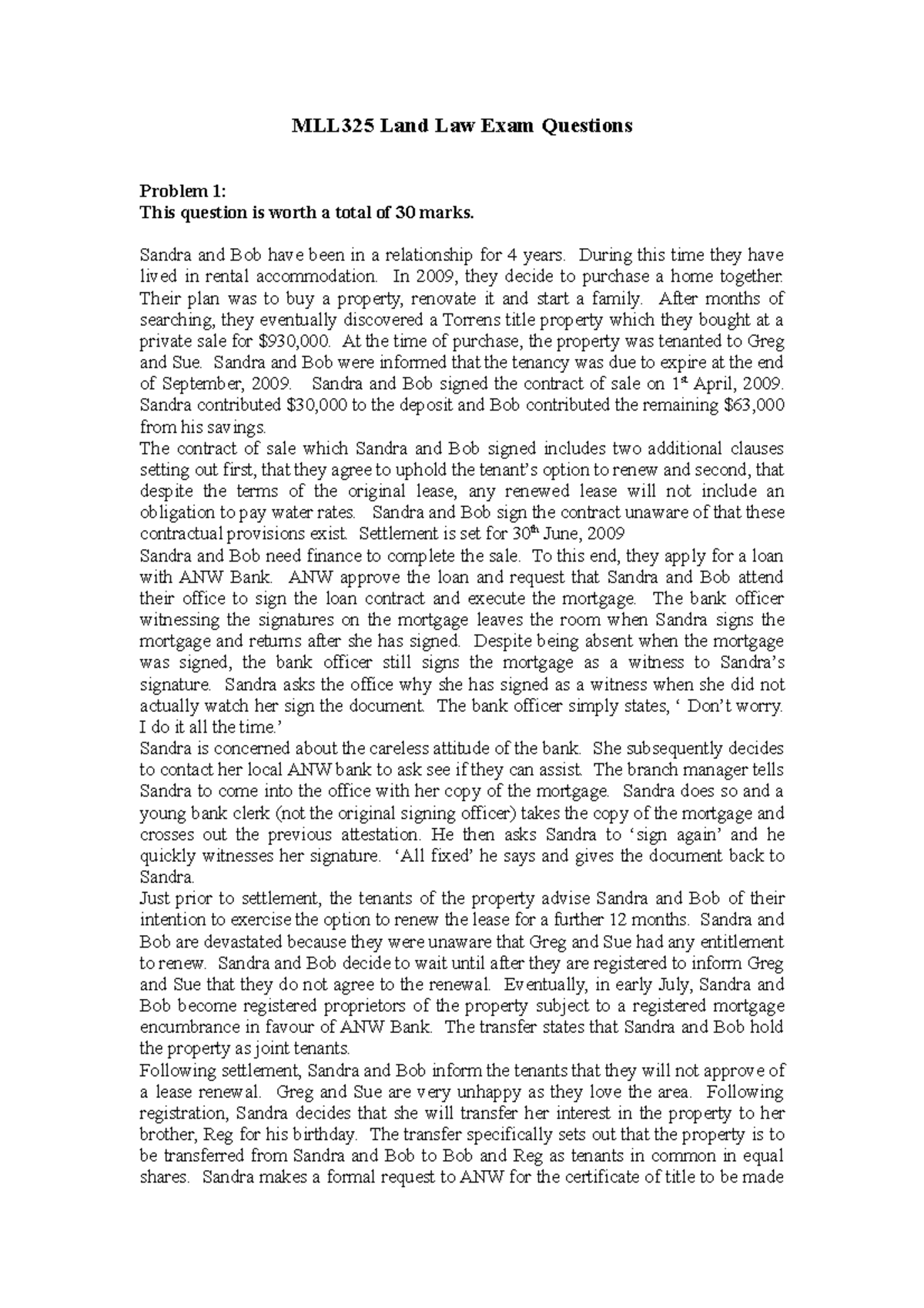 Exam Review 2017, questions MLL325 Land Law Exam Questions Problem 1