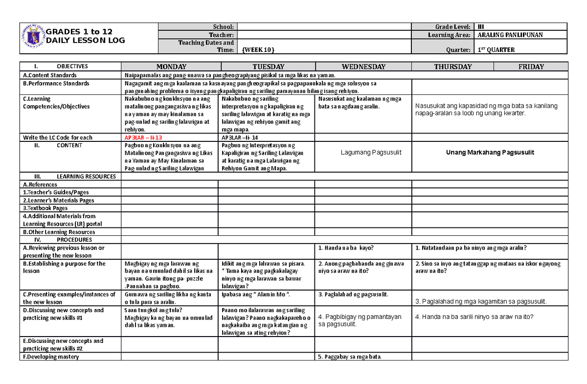 DLL Araling Panlipunan 3 Q1 W10 - GRADES 1 to 12 DAILY LESSON LOG ...