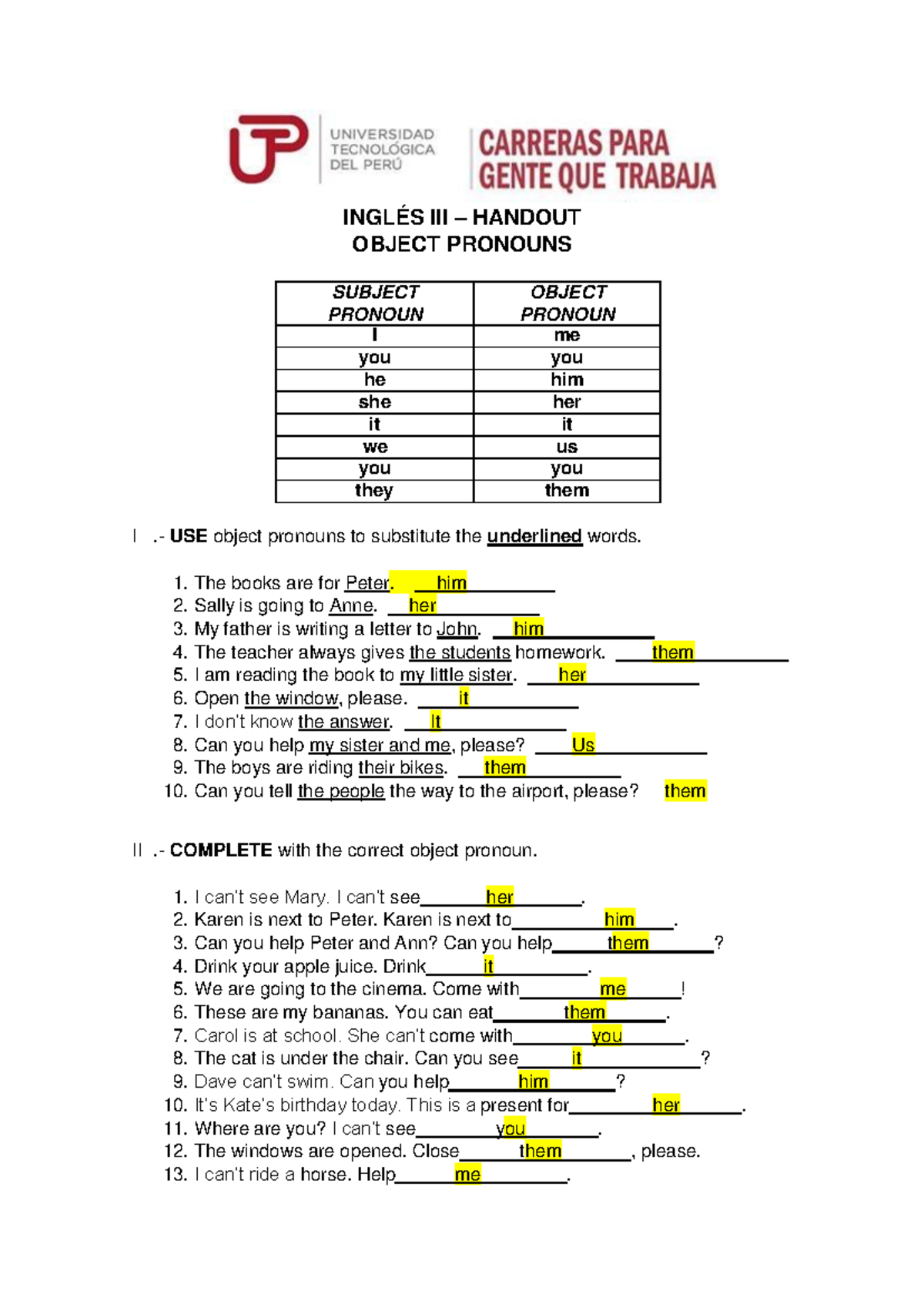 Trabajo Individual 4 (5 - INGLÉS III – HANDOUT OBJECT PRONOUNS SUBJECT ...