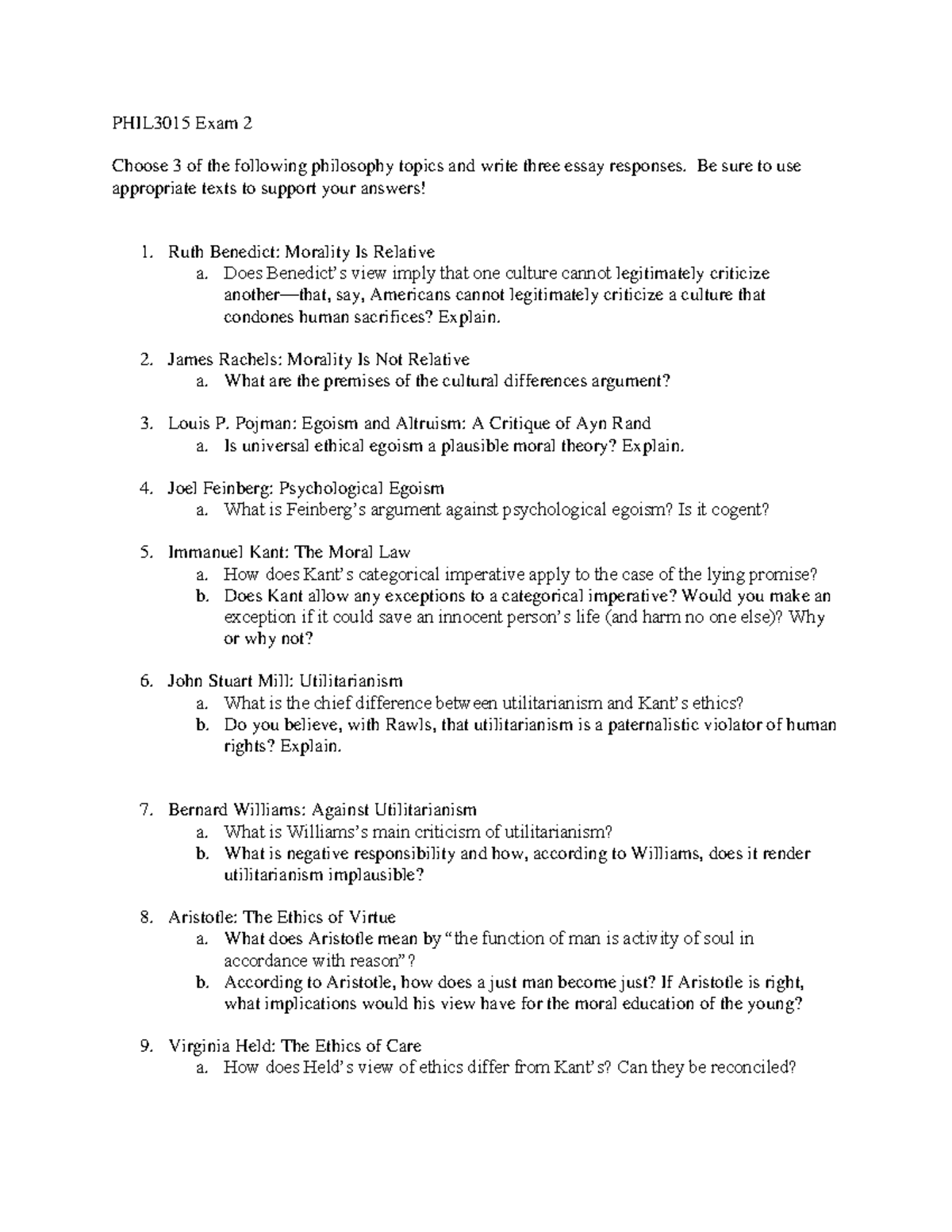 Exam 2 Questions - Phil3015 Exam 2 Choose 3 Of The Following Philosophy 