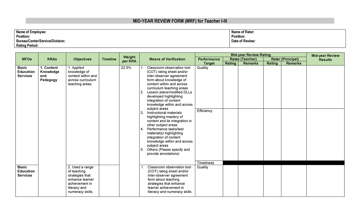 MRf sy 20242025 MIDYEAR REVIEW FORM (MRF) for Teacher IIII Name of