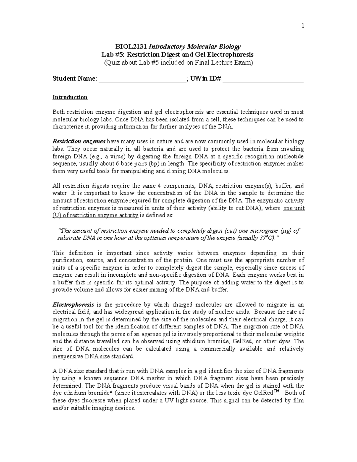 BIOM 2131 Lab 5 Protocol Winter 2021 Student BIOL2131 Introductory