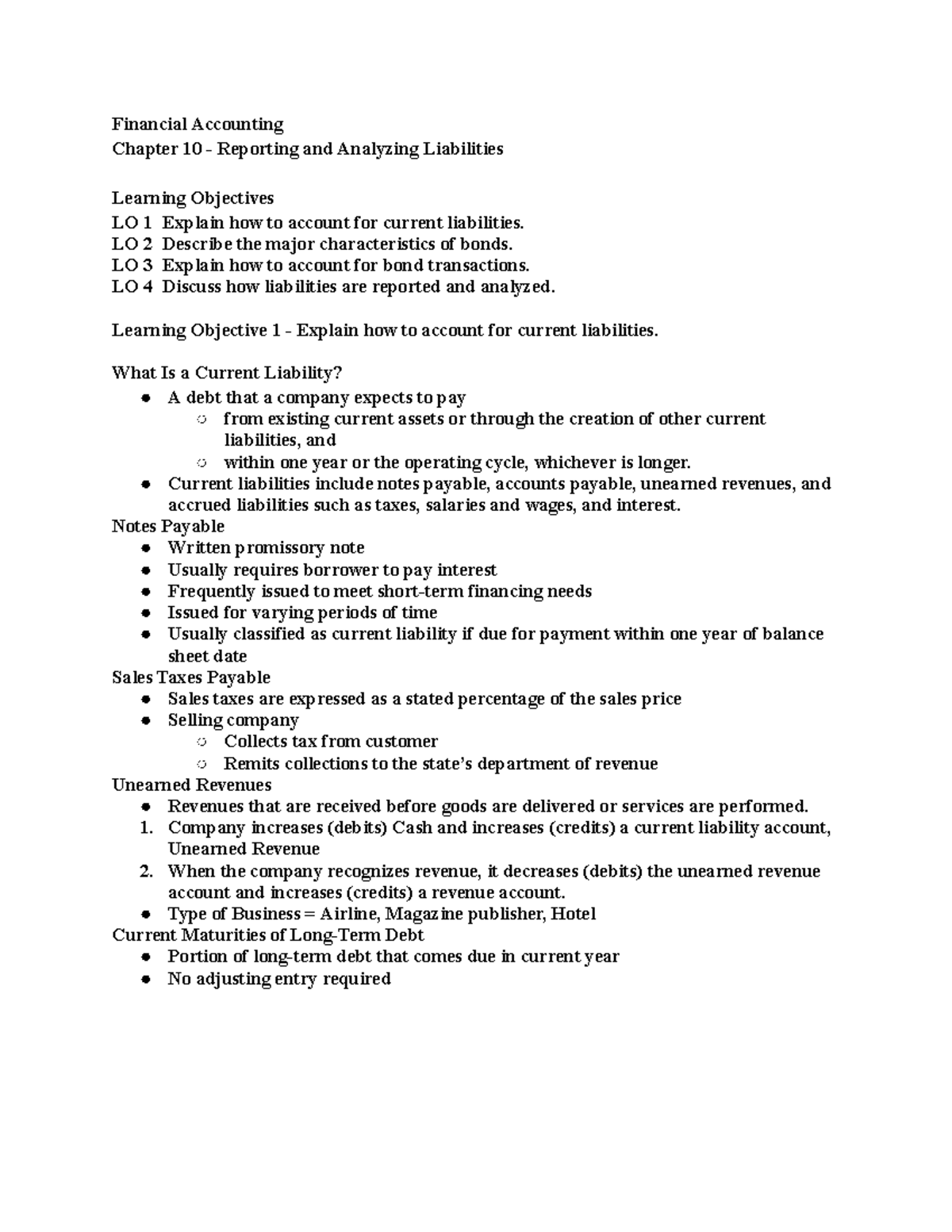 Financial Accounting Chapter 10 LO 2 Describe the major