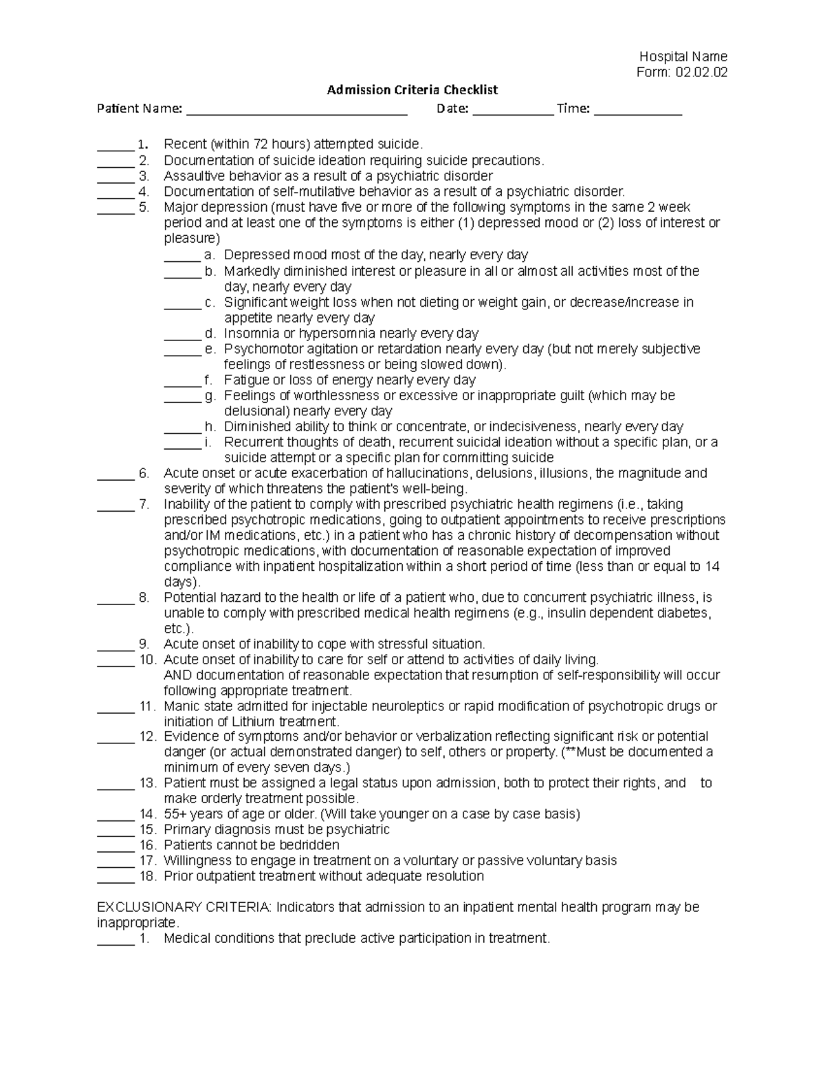 admission-criteria-checklist-form-for-inpatient-hospital-name-form