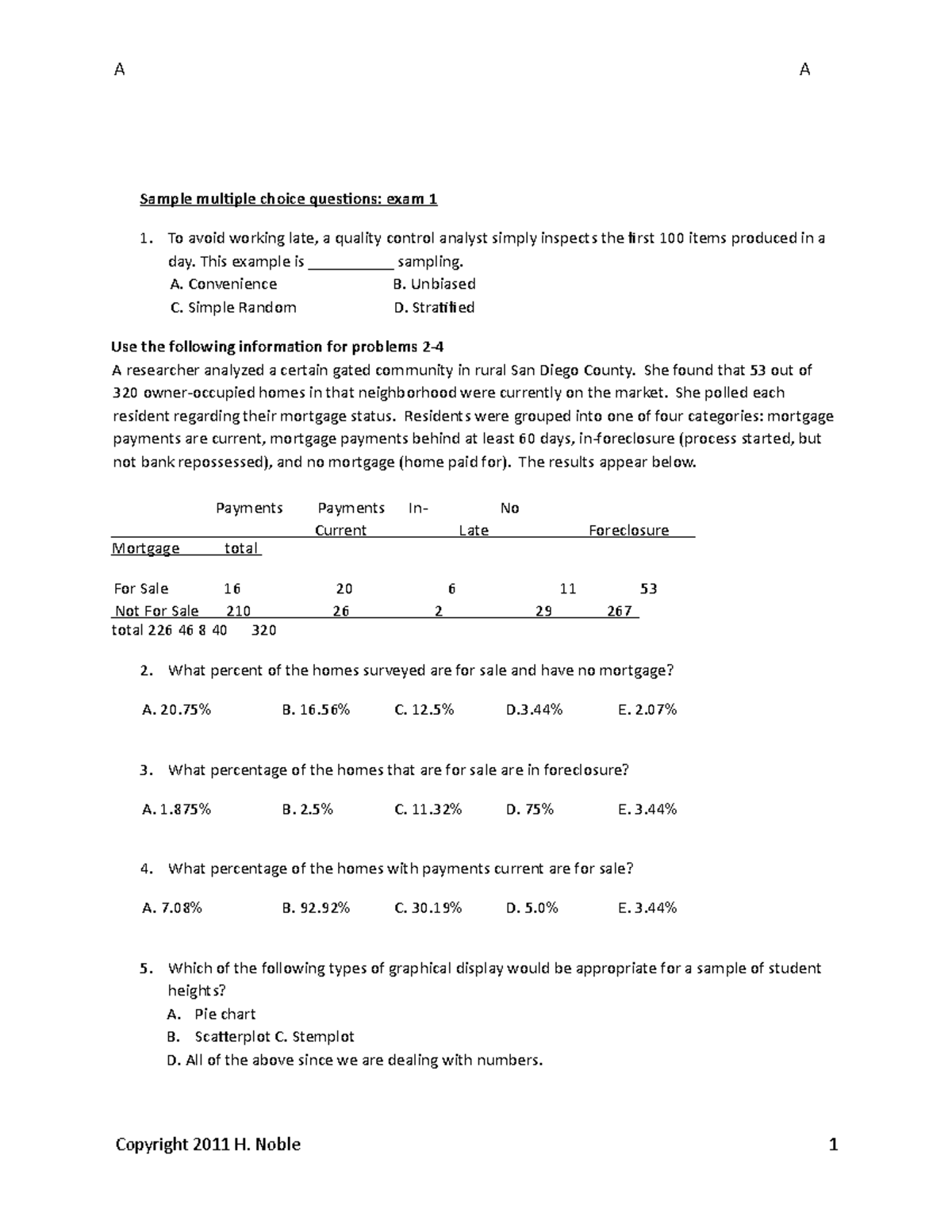 Sample Multiple Choice Exam 1 Stat-119 - Sample Multiple Choice ...