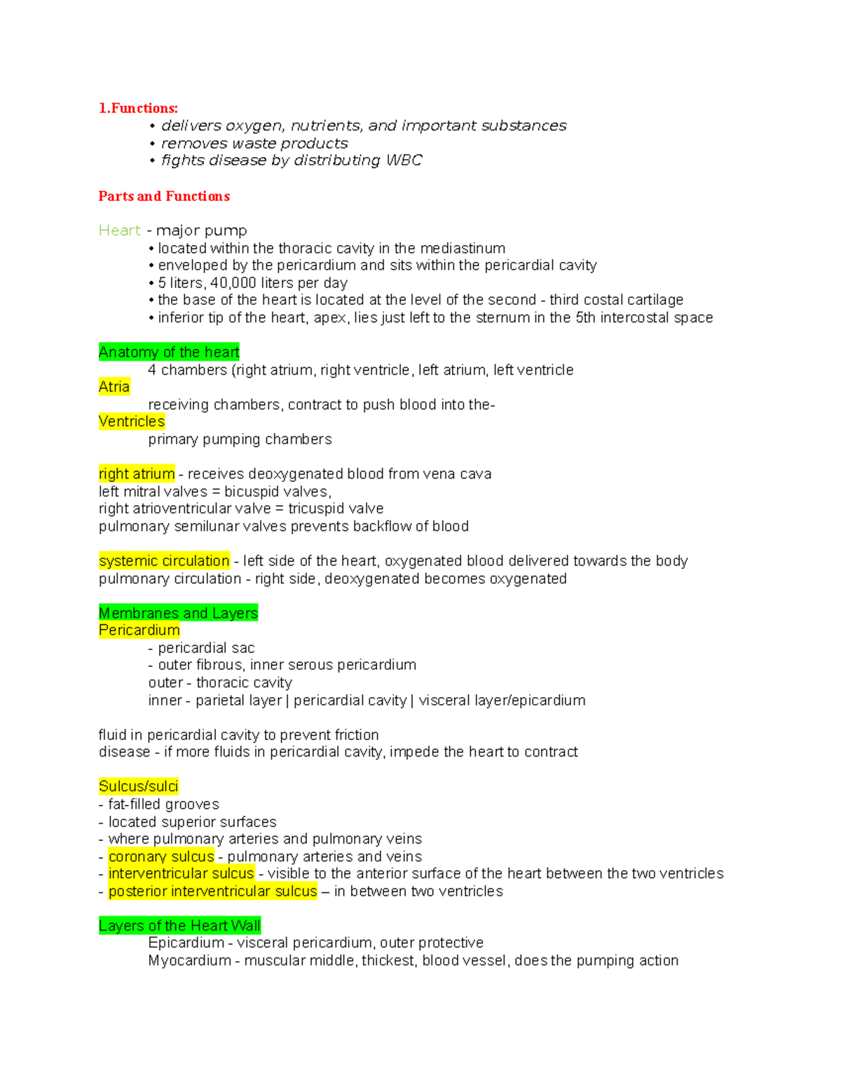 Cardiovascular notes - Anatomy and Physiology - 1: delivers oxygen ...