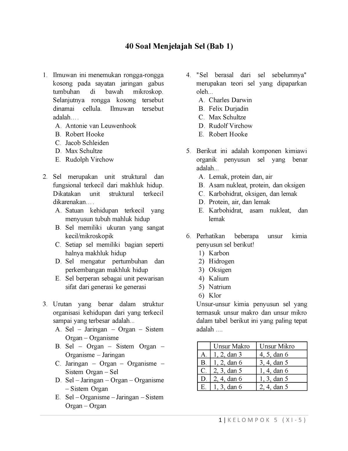 40 Soal Menjelajah Sel - Kumpulan Soal - 40 Soal Menjelajah Sel (Bab 1 ...