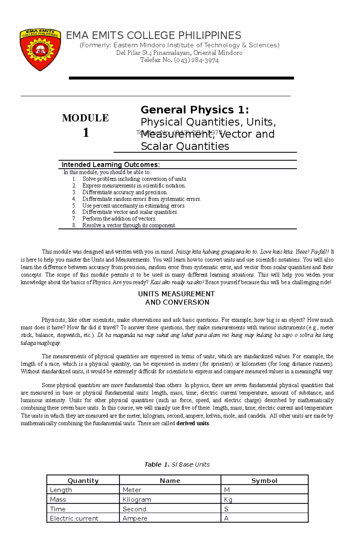 General Physics 1 Module 1 - - Studocu